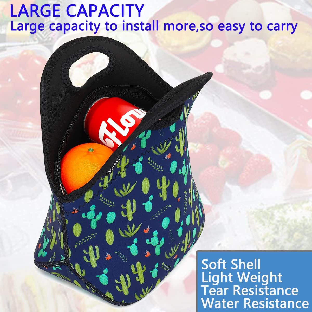 FlowFly Neoprene Lunch Tote Insulated Thermal Reusable Lunch Bag Box for Boys Men with Zipper (Cactus)