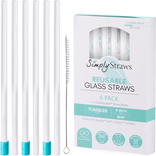 Simply Straws 12 Inch Glass Straws Straight (6-Pack) – Reusable Glass Straws for Stanley 40 Oz Tumbler, with Cleaning Brush – Durable, Dishwasher Safe, Hot & Cold Use, BPA-Free (Pearl)