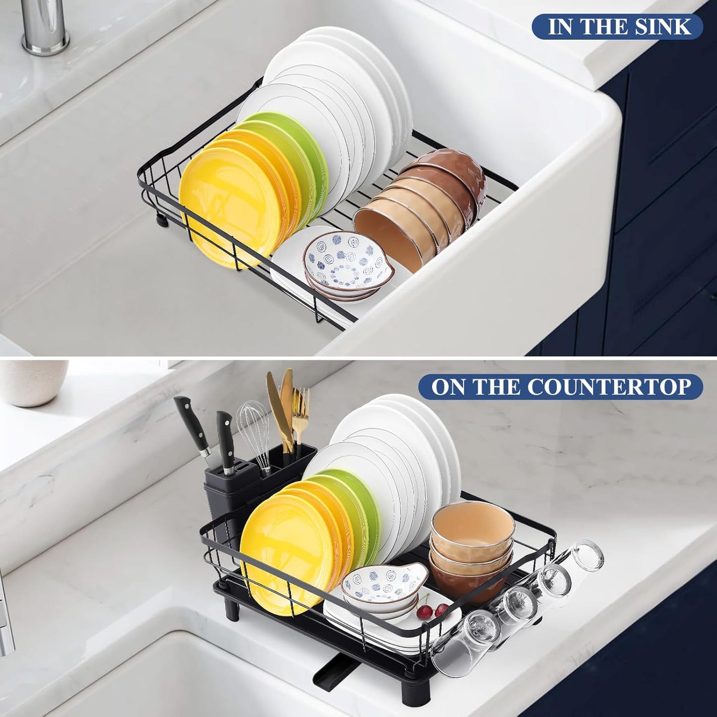 Homaxy Dish Drying Rack for Kitchen Counter (16.93''L x 12.99''W), Space-Saving Dish Drainer Rack Set with Drainboard, Large Dish Rack with Utensil Holder, Cup Rack and Knife Slots, Black