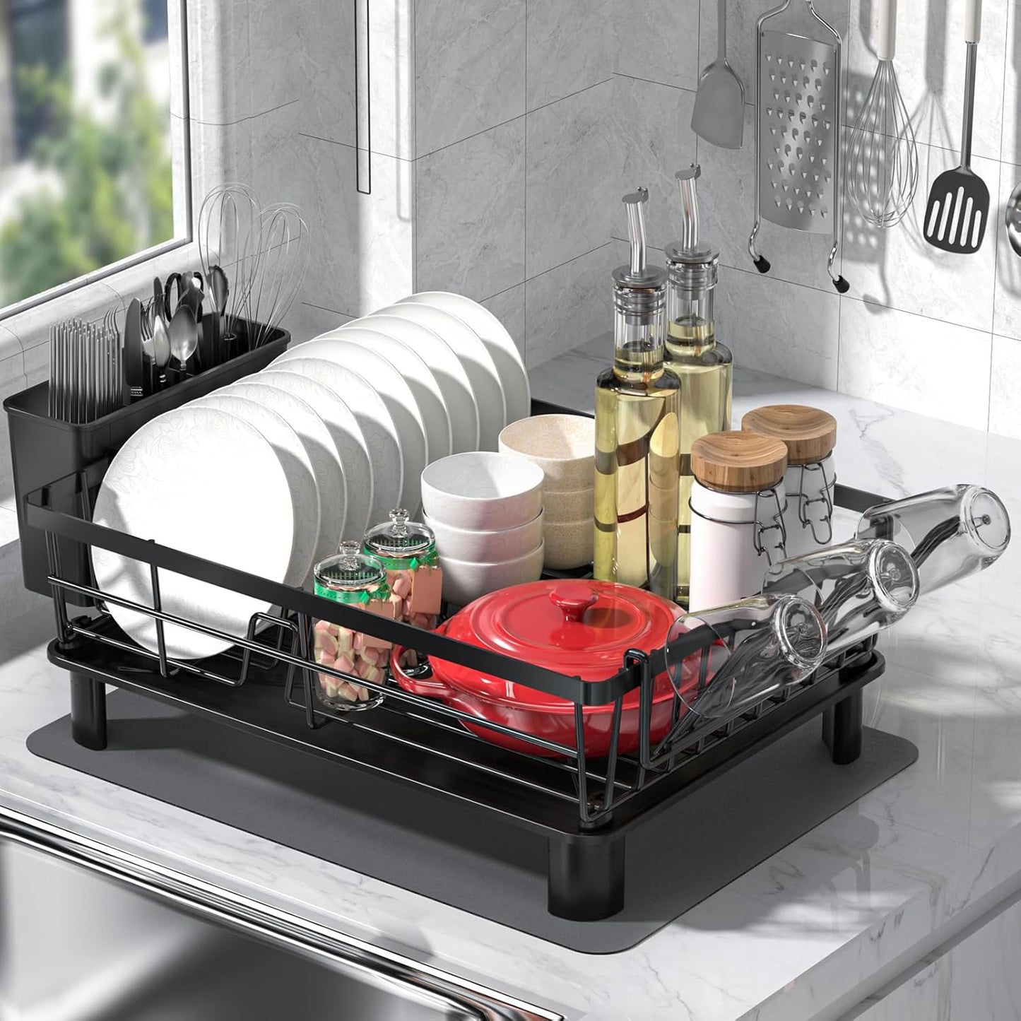 Kitchen Dish Rack with Mat Space-Saving Small Dish Drainer,Simple Human Expandable Over The Sink Dish Drying Rack,Rustproof Drying Rack Dishes with Utensil Holder,15" Dx11 W(inches),Black