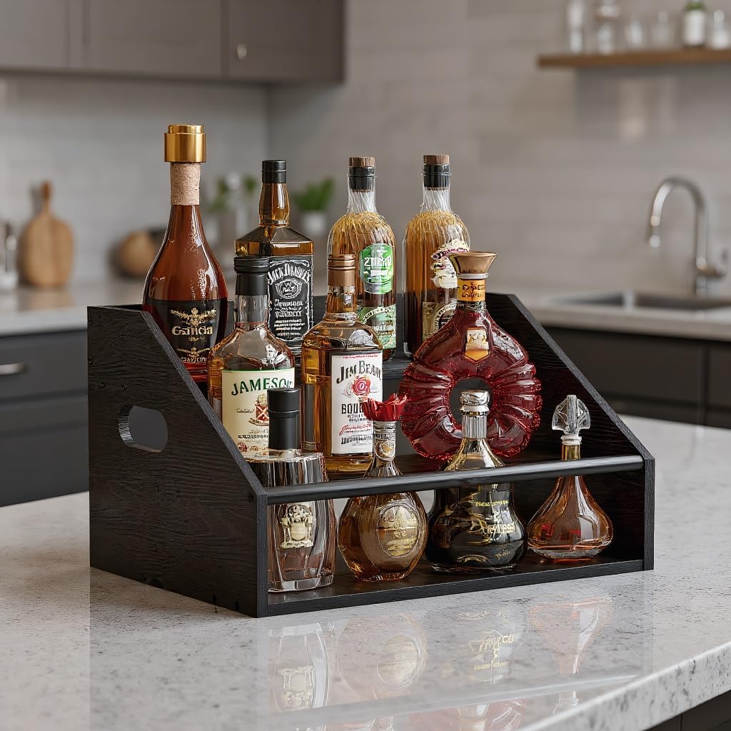 3 Tier Wood Liquor Bottle Display Shelf, Coffee Syrup Organizer Rack, Wine Racks Countertop, Bar Shelf for Vodka Tequila Whiskey, Liquor Cabinet for Home Decor, Mini Bar, Black Bar Organizer