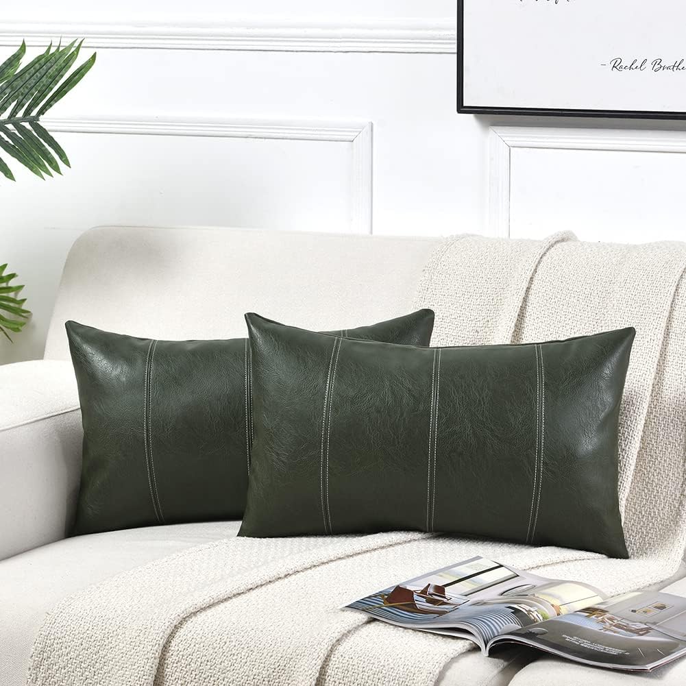 Fancy Homi Dark Green Long Lumbar Faux Leather Decorative Throw Pillow Covers 14x24 Inch for Living Room Couch Bed, Modern Farmhouse Boho Home Decor, Olive Green Hand Stitched Cushion Case 35x60 cm