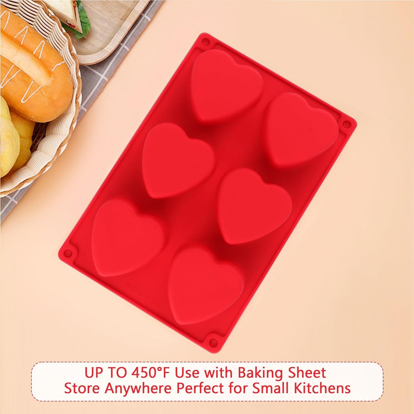 3-Pack 6-Cup Silicone Muffin Pans, Nonstick Cupcake Baking Molds, BPA/PFA-Free, Dishwasher & Oven Safe Heart-shaped Red