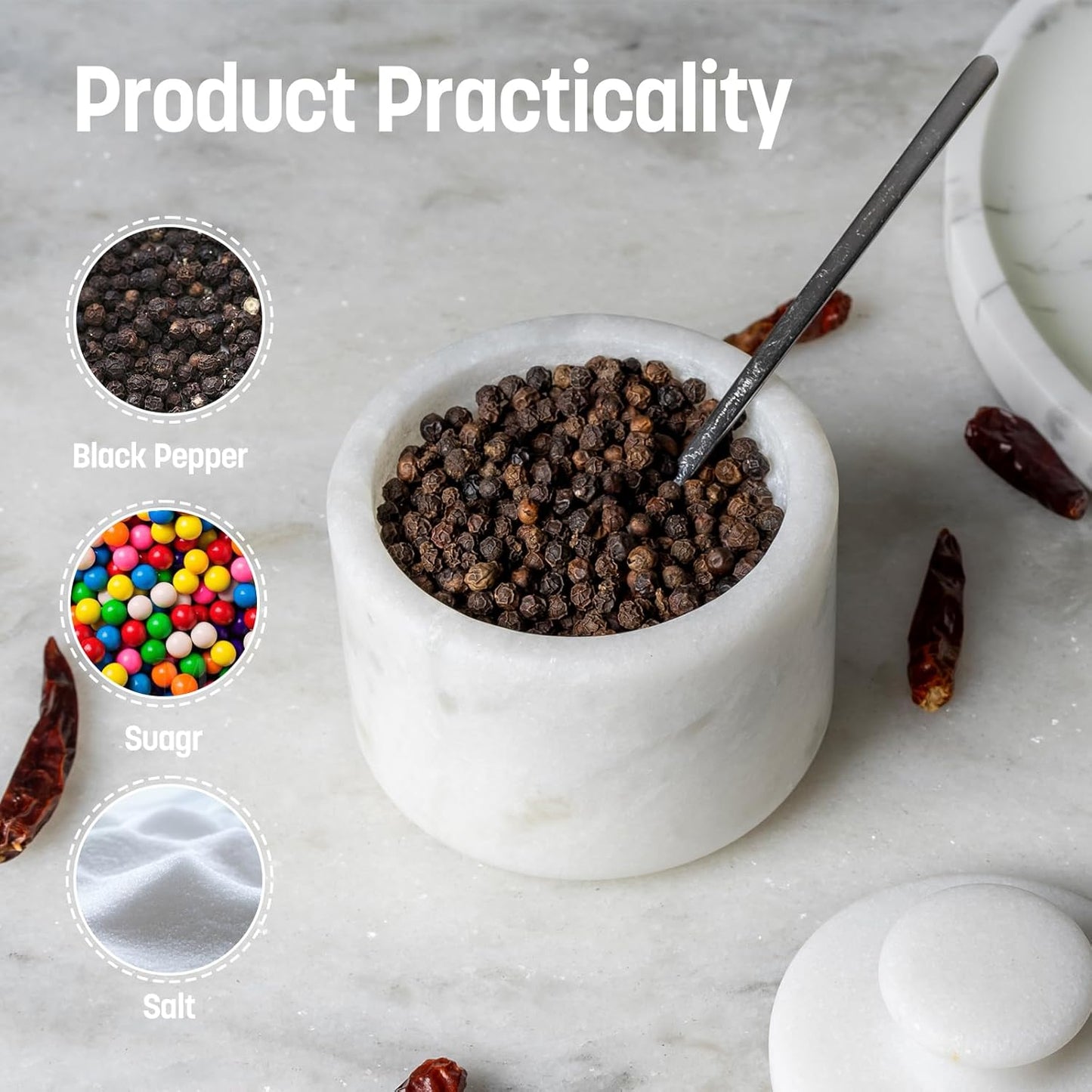 Koville Marble Salt Cellar with Lid 3.5" White, Stone Pepper Container & Spice Jars for Kitchen, Marble Salt and Pepper Holder, Stone Storage Box for Kitchen Counter, Spice Jar(Namib Fantasy White)