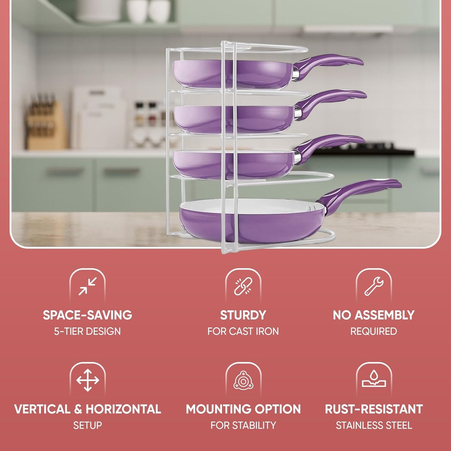 Heavy-Duty Pots and Pans Organizer | 5-Tier Cookware & Lid Storage Rack | Free-Standing or Wall-Mount | Kitchen Organizer for Cast Iron Skillets, Pots, Frying Pans, Lids | White