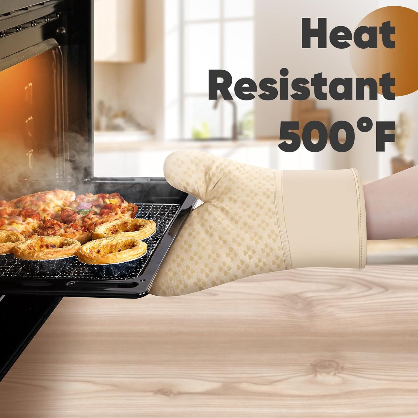 Oven Mitts and Pot Holders 4 Sets, Heat Resistant 500 ℉ Oven Mitt and Pot Holder,Oven Glove&Potholders with Non-Slip Silicone Surface,Kitchen Essentials for Cooking/Baking/BBQ-Beige