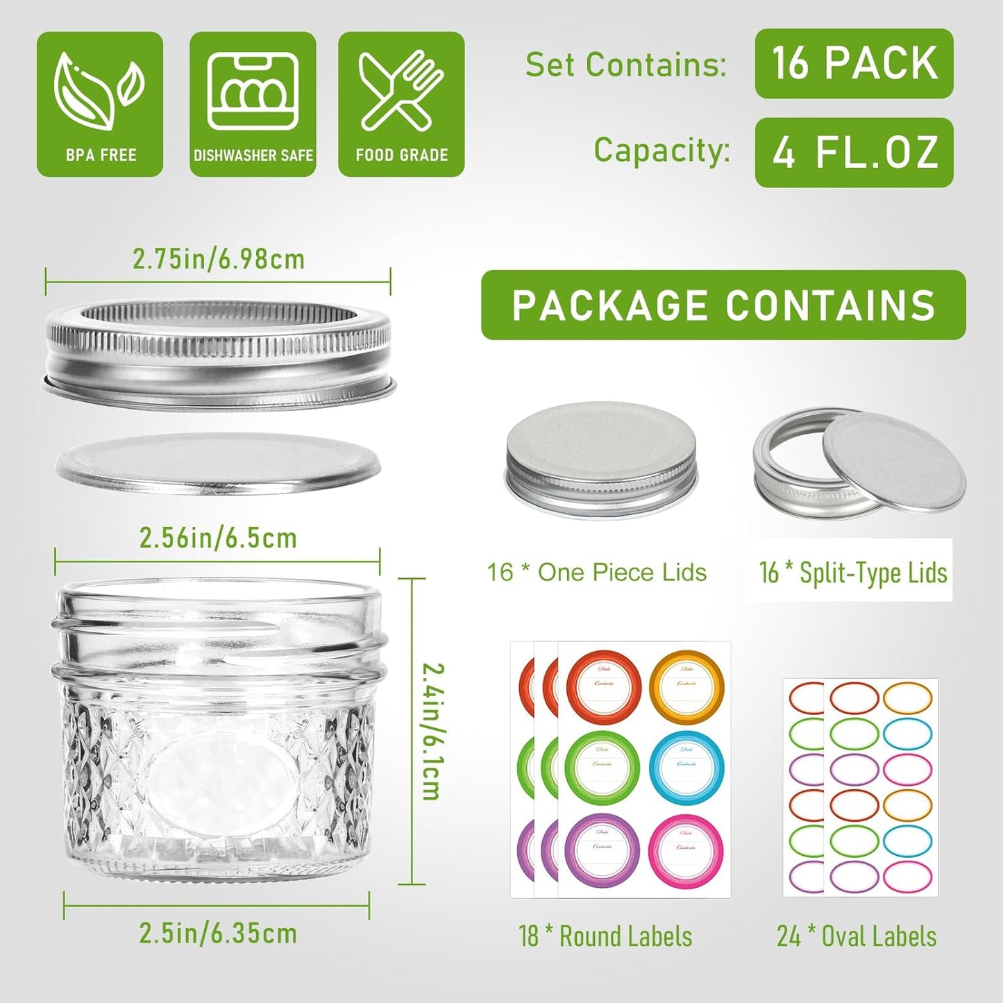 4 oz Small Mason Jars, 16 Pack Mini Jars, With 2 Types of Lids - 16 Split-Type and 16 One Piece Lids, Perfect for Dessert and DIY