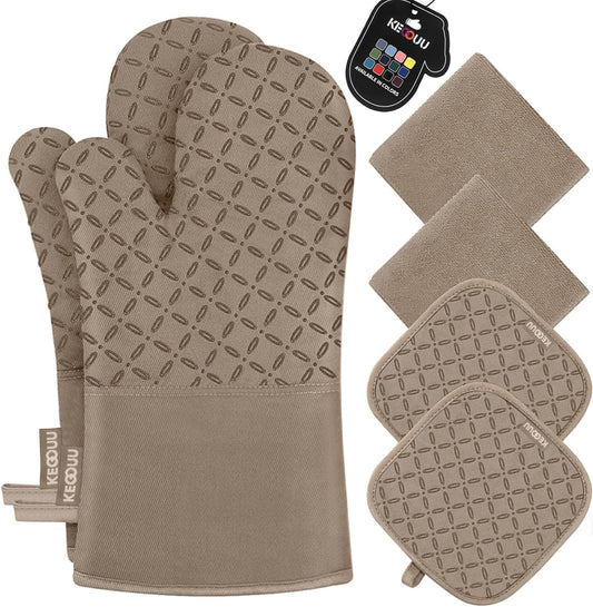 KEGOUU Oven Mitts and Pot Holders 6pcs Set, Kitchen Oven Glove High Heat Resistant 500 Degree Extra Long Oven Mitts and Potholder with Non-Slip Silicone Surface for Cooking (Khaki)