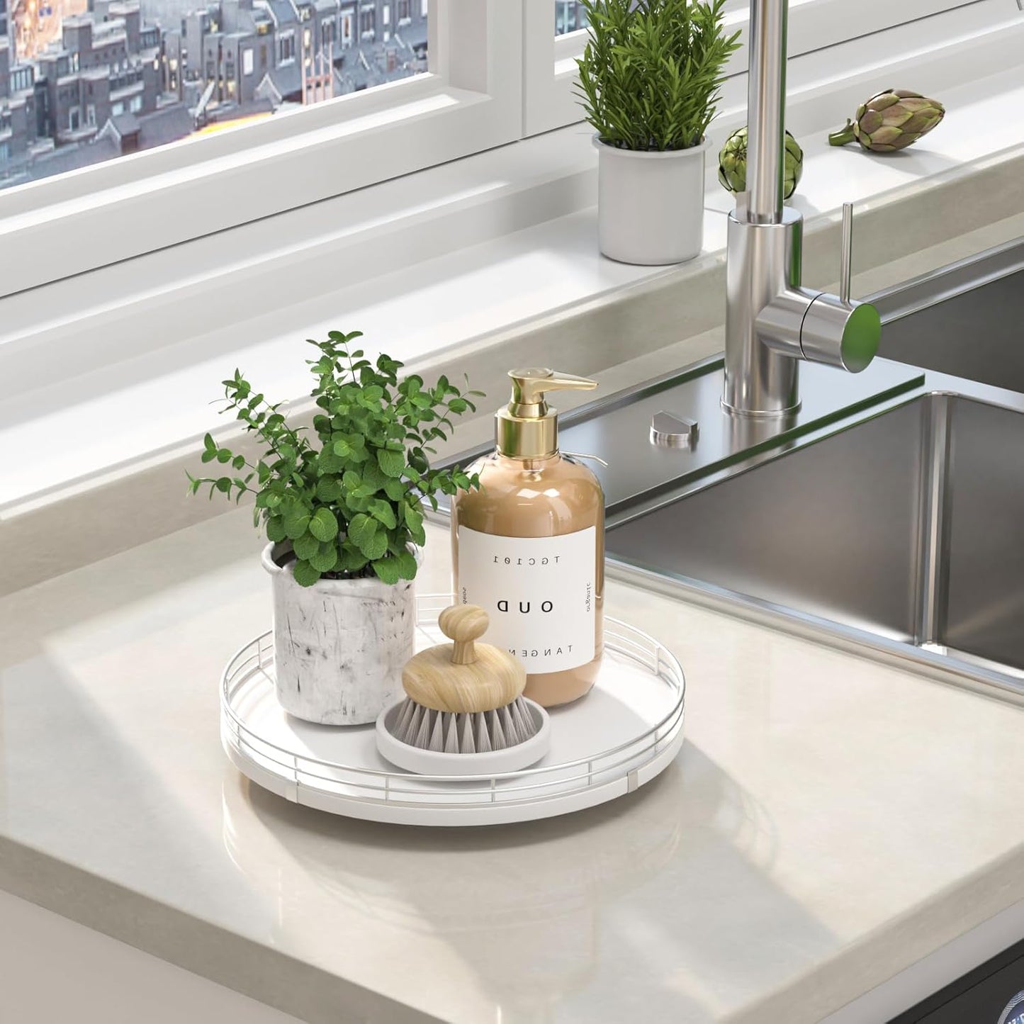 10" Oak Wood Bathroom Tray for Counter, Vanity Tray for Perfume Lotion Candle Makeup Jewelry Sink Soap Holder Turntable Dresser Organizer Countertop Coffee Table Decor Organization and Storage Silver