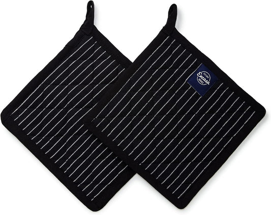 Encasa Homes 8 inches Oven Microwave Potholders (2 pc Set) for Kitchen Cooking & Baking - Heat Resistant, Thick & Safe, Protection of Hands from Hot Utensils - Butcher Stripes Black