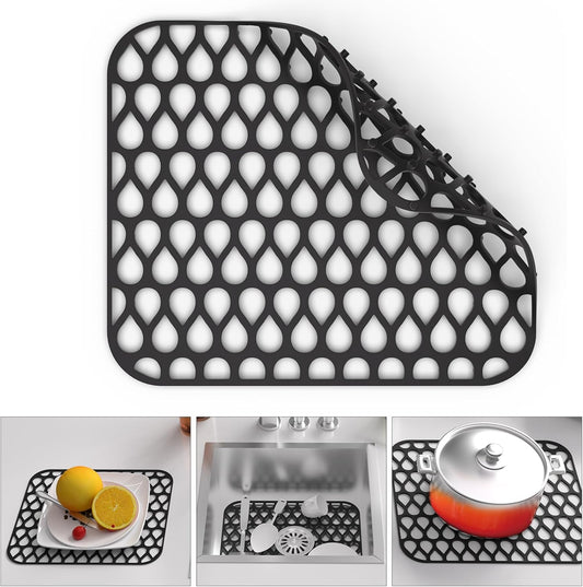 Kitchen Sink Mats,1Pcs TOOVEM 13.6"x11.6" Kitchen Sink Protector Grid for Bottom of Center Drain, Non-slip Heat Resistant Liner for Farmhouse Stainless Steel Porcelain Black