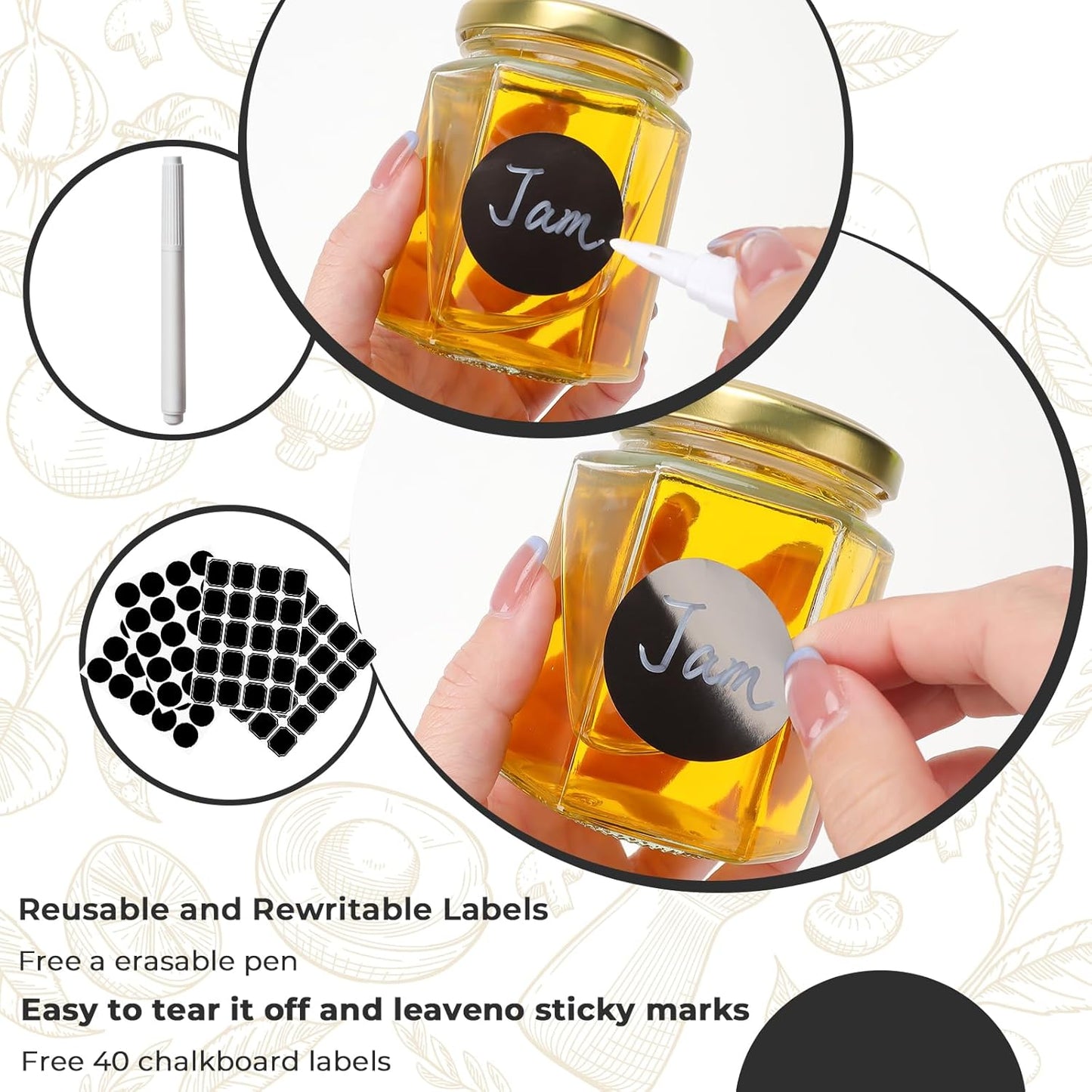 6 oz Hexagon Glass Jars with Gold Lids, 30 Pcs Canning Jars for Jam, Honey, Jelly, Candy, Candle, Wedding Favors, Baby Shower Favors, Spice Jars Crafts with Stickers and Pen for Labeling