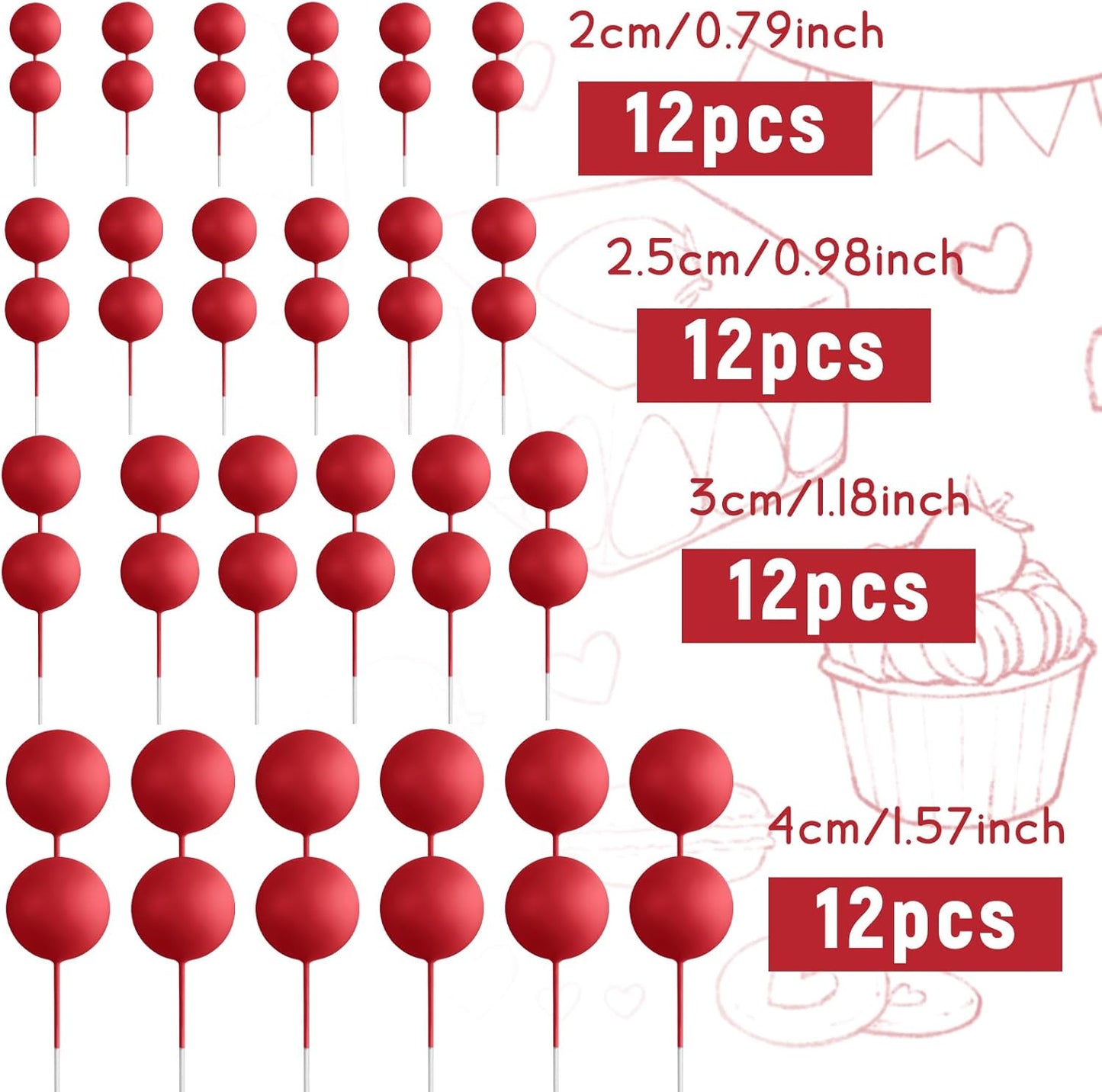 48 Pcs Balls Cake Topper Decorations Balloon Cupcake Toppers Foam Cake Topper Balls Cake Balls Decorations for Birthday Party Wedding Anniversary Cake Decorating (Red)