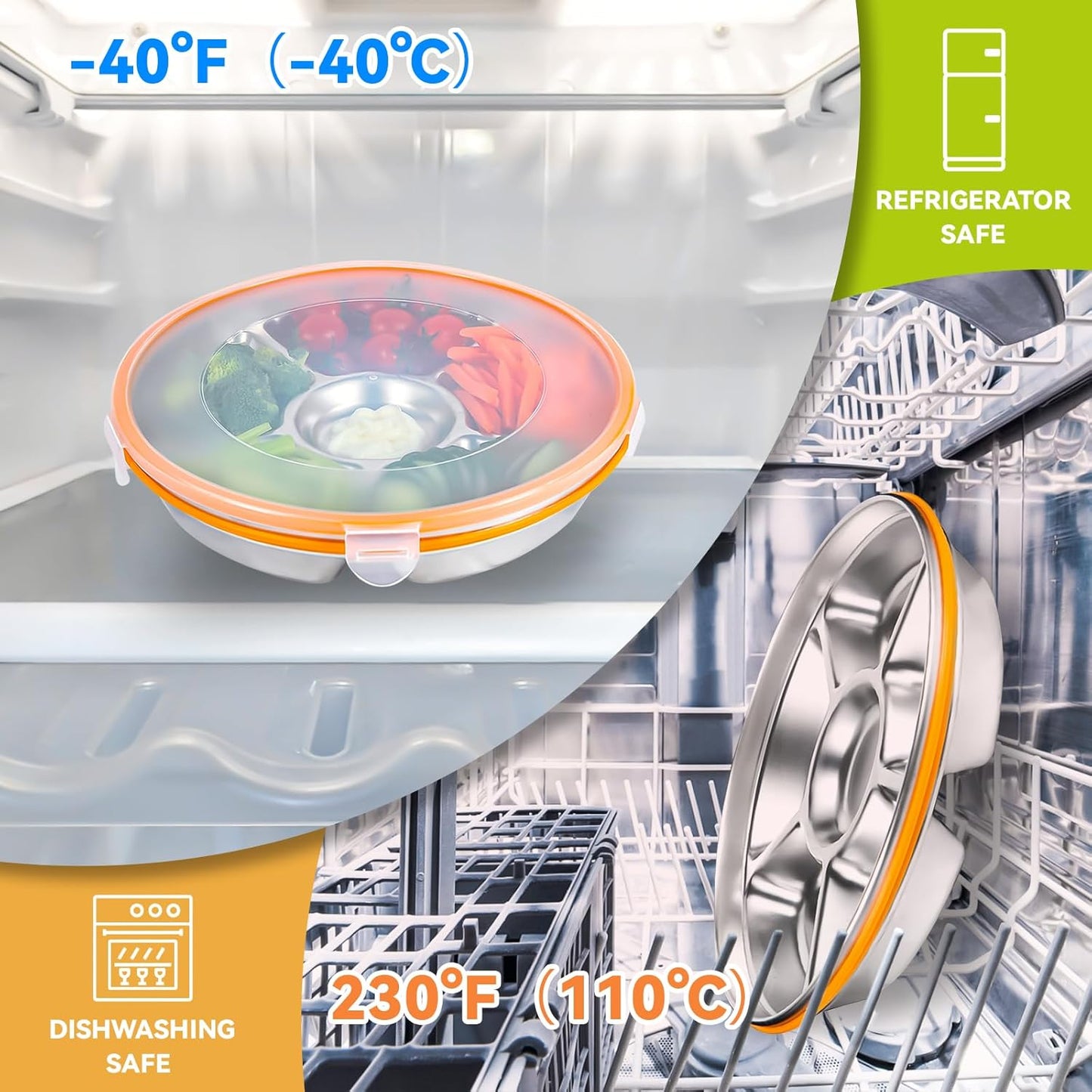 6-Compartment Stainless Steel Serving Tray with Lid - 10-inch Divided Snack/Vegetable/Fruit Tray for Christmas Parties, Snackle Box & Platter Container