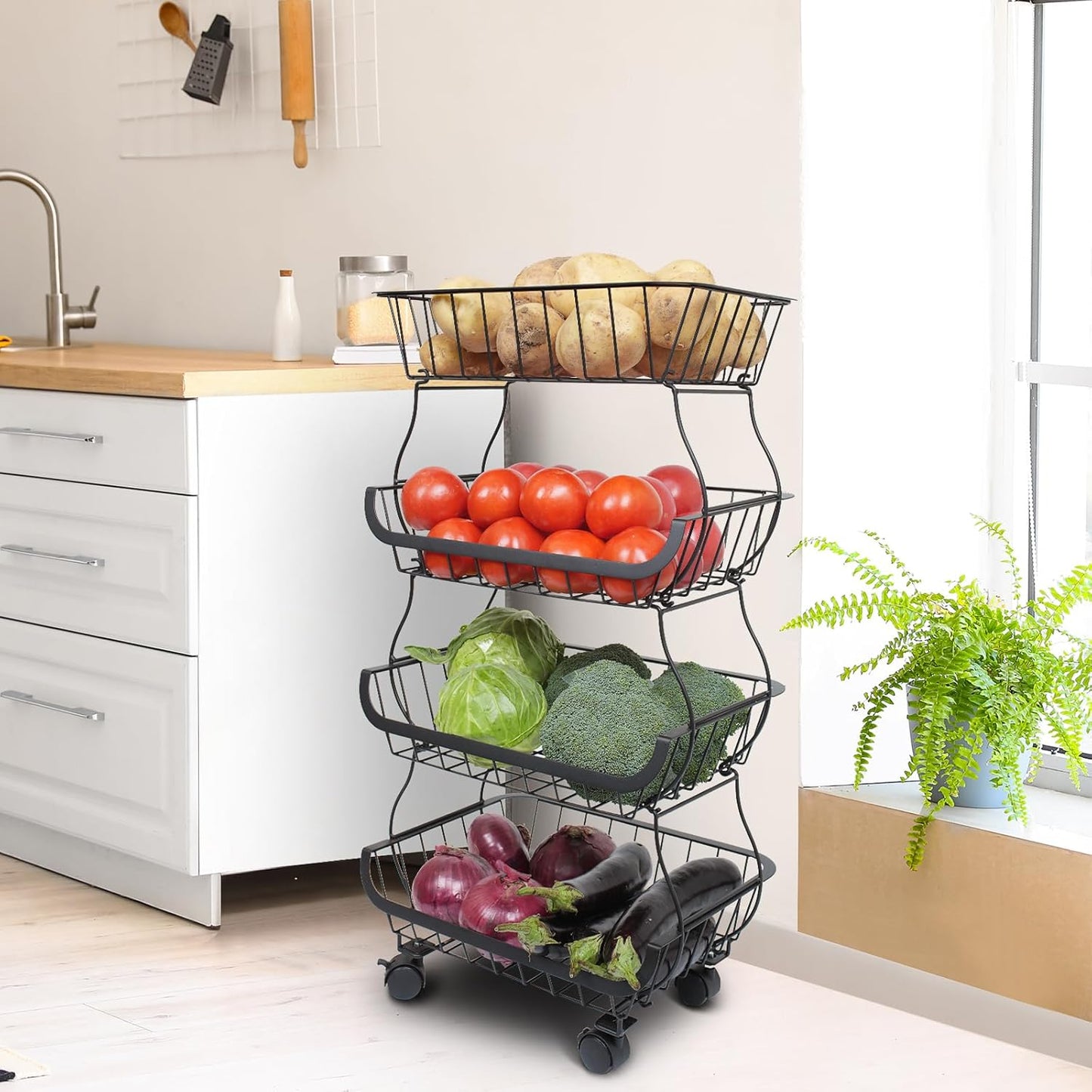 Fruit Vegetable Storage Basket, Kitchen Fruit Vegetable Storage Cart, 4 Tier Stackable Metal Wire Storage Baskets with Wheels, Produce Basket Organizer Bins for Pantry, Bathroom, Black