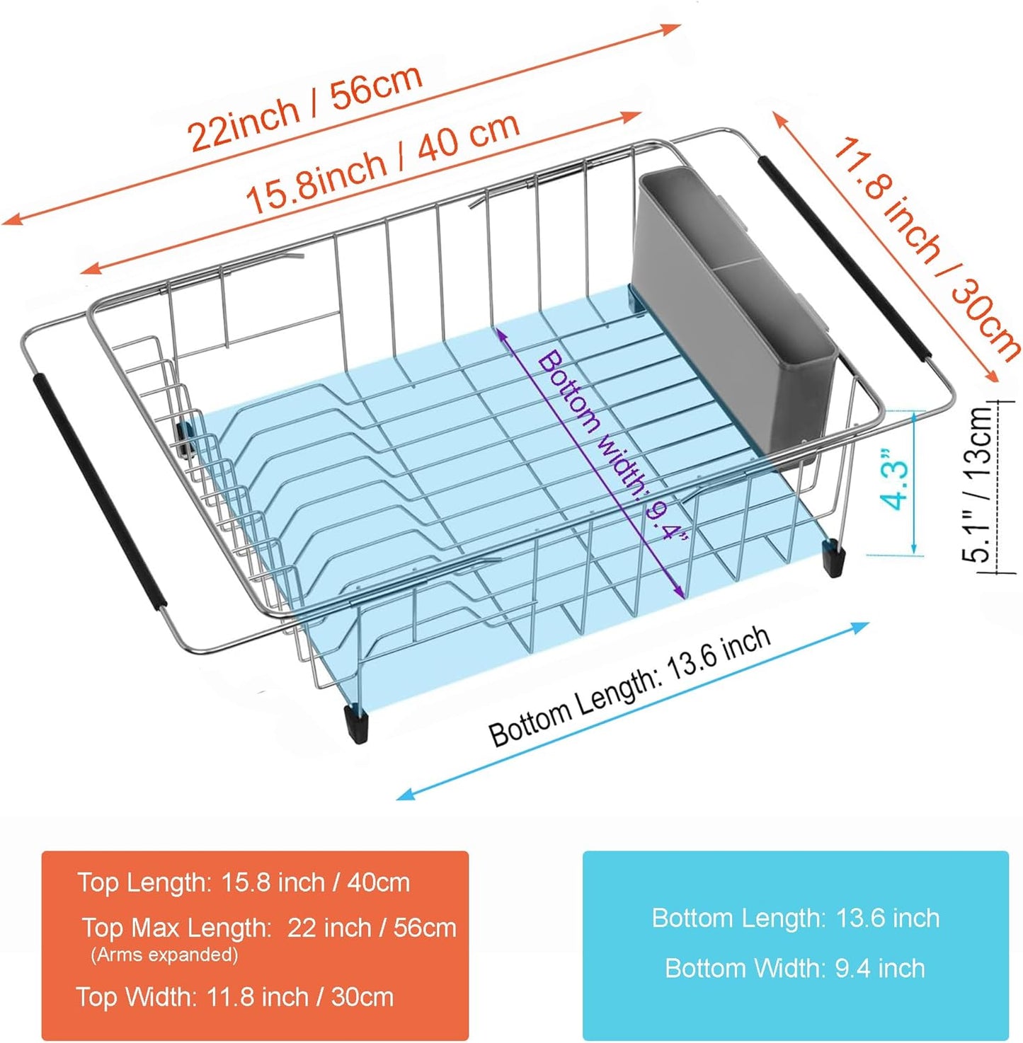 iPEGTOP Expandable Multifunctional Dish Drying Rack, Over The Sink, in Sink Or On Counter Dish Drainer Basket Organizer Shelf with Removable Grey Utensil Silverware Holder, Rustproof Stainless Steel