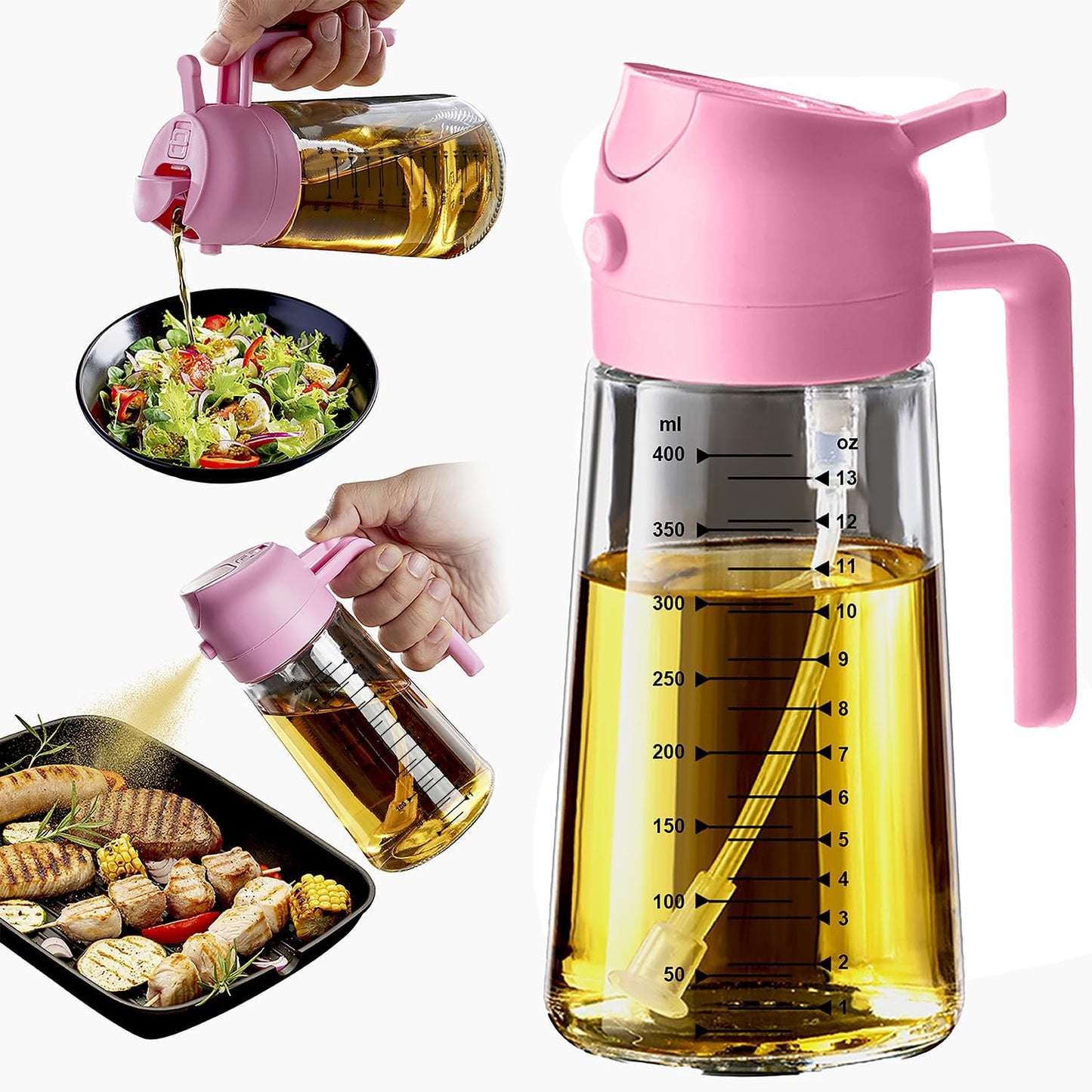 TrendPlain 16oz/470ml Glass Olive Oil Sprayer for Cooking - 2 in 1 Olive Oil Dispenser for Kitchen Gadgets, Air Fryer, Salad, and BBQ - Bubblegum