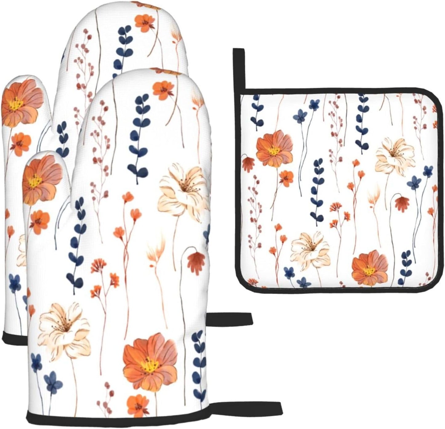 Watercolor Orange Floral Oven Mitts and Pot Holders Set Heat Resistant Non Slip Set of 3 Navy Blue and Orange Flower Decorative Kitchen Gloves Hot Pads for Cooking BBQ Baking Grilling