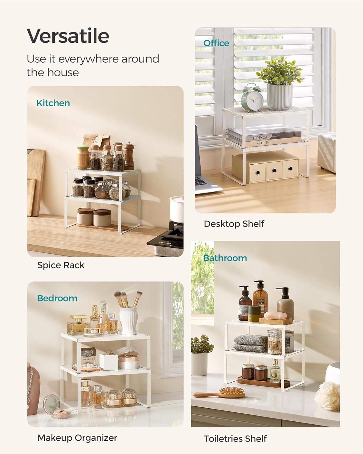 SONGMICS Spice Racks, Set of 2 Metal Cabinet Shelf Organizers, Countertop Organizers, Shelf Risers, Stackable, Expandable, Oatmeal Beige UKCS001K01