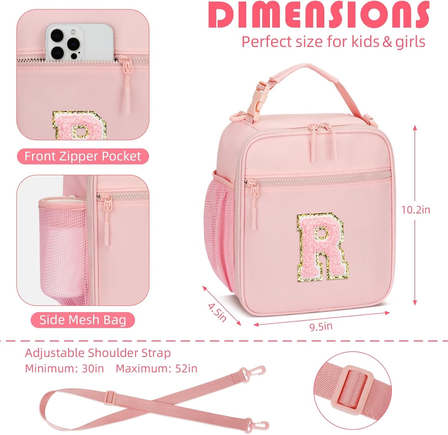 Initial Insulated Lunch Bag for Girls Kids, Back to School Gift, Reusable Leak-proof Lunch Box with Adjustable Strap for School Daycare Travel Picnic (Pink,R)