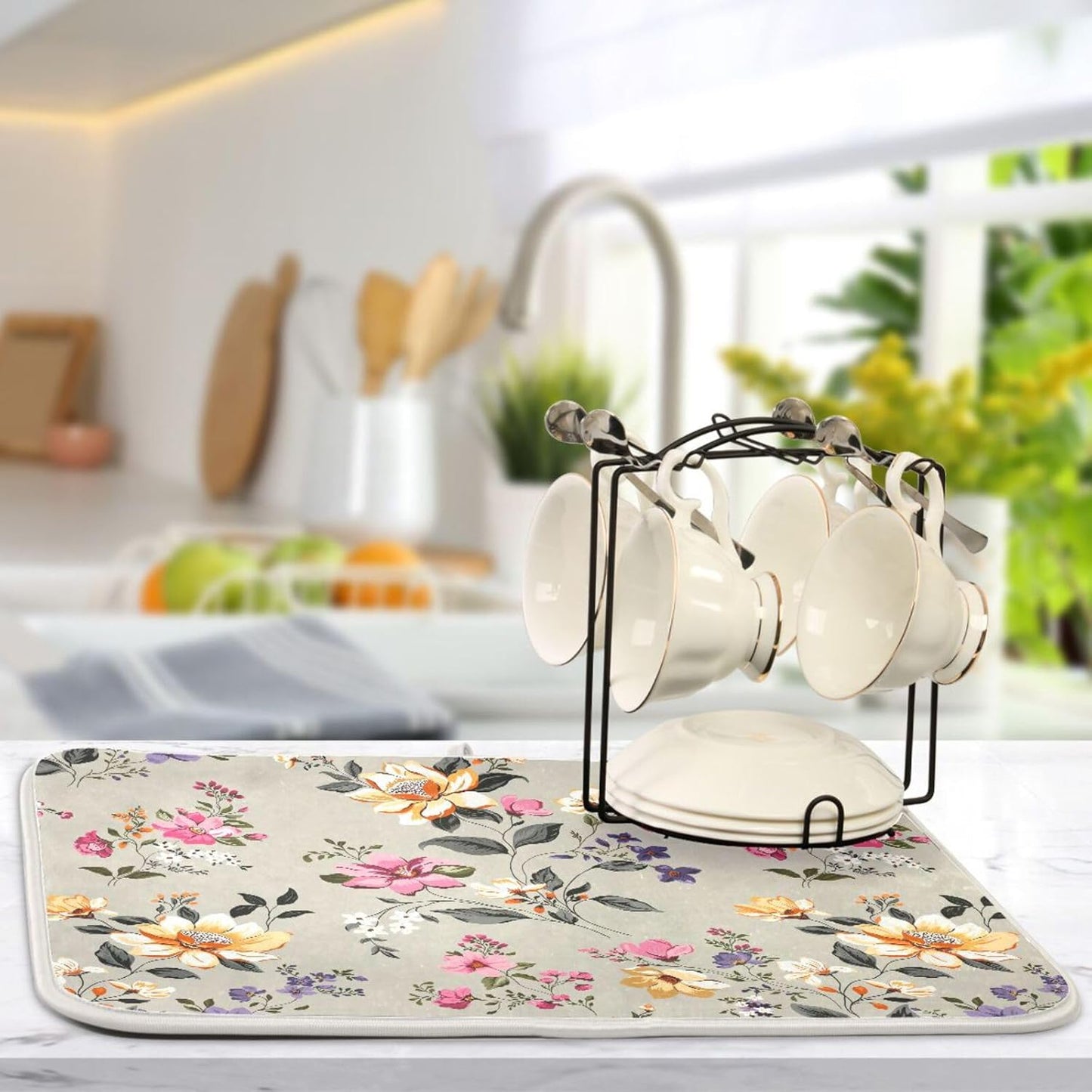 Vintage Flowers Leaves Dish Drying Mat for Kitchen Counter Absorbent Microfiber Drying Pad, Large 18x24 in, Reversible Drainer Mats