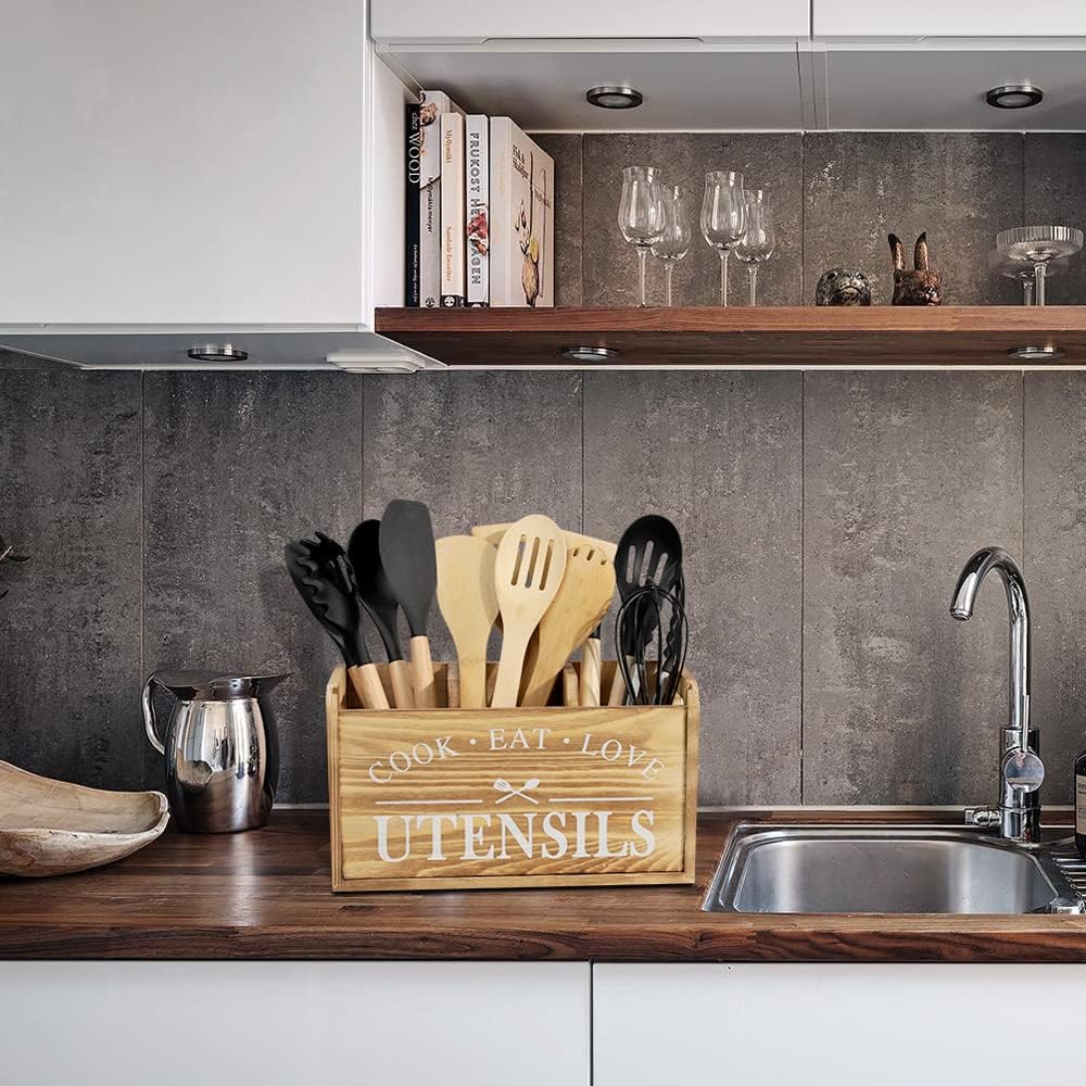 Kitchen Utensil Holder for Countertop, Large Solid Wood Farmhouse Cooking Utensils Organizer for Kitchen Counter, 3 Compartments Utensil Spoon Holder Kitchen Tool Storage for Home Decor (Burned wood)
