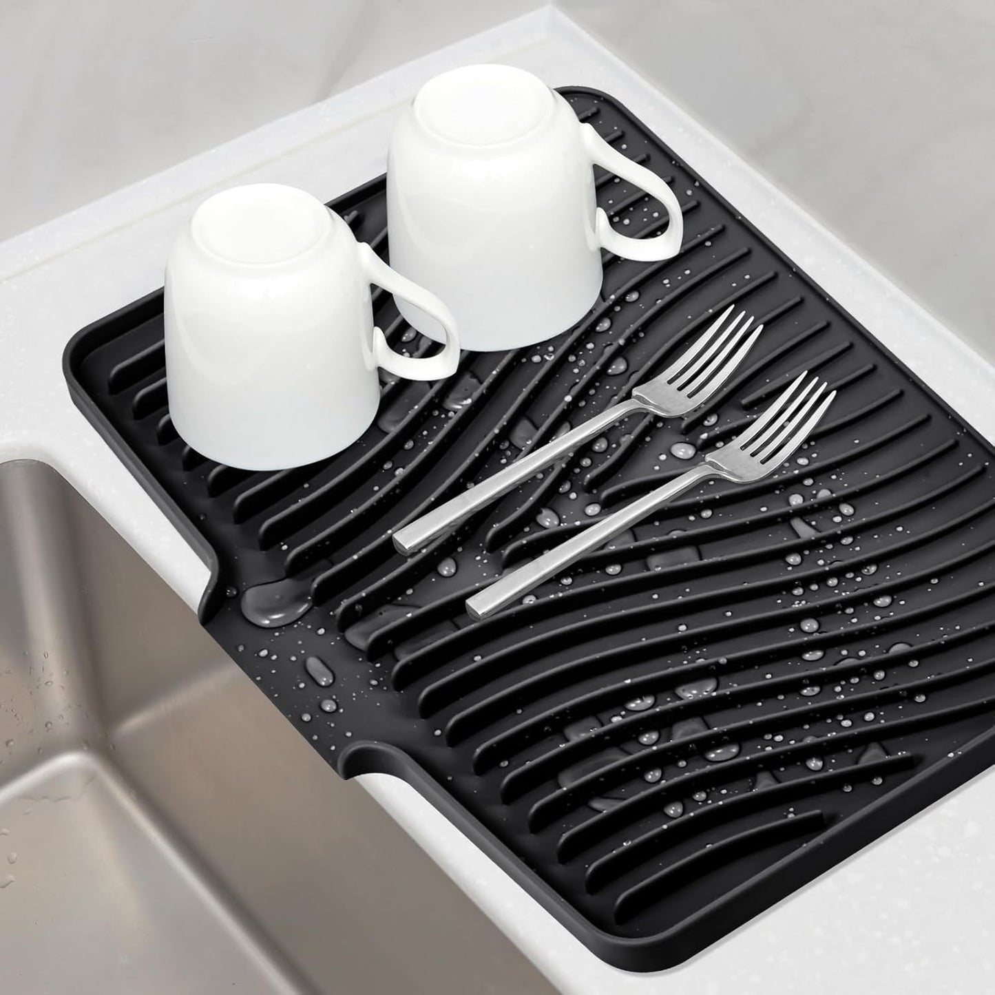 Silicone Dish Drying Mat for Kitchen Counter, Dish Drying Pad, Non-Slip Drain Pad with Built-in Drain, Heat Resistant Stone Drying Mat(15.8" x 13", Black)