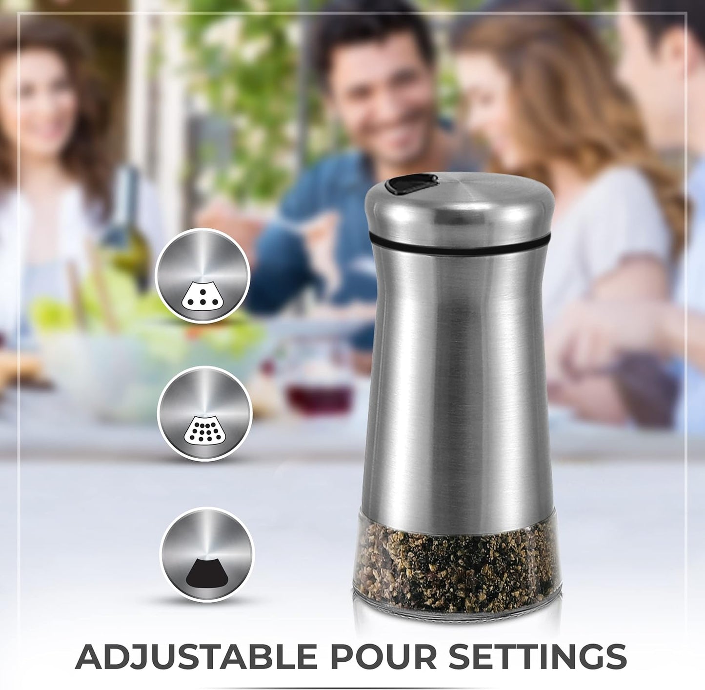 Pepper Shaker or Salt Shaker with Adjustable Pour Holes - Elegant Stainless Steel Spice Dispenser - Perfect for Himalayan, Table Salt, White and Black Pepper (Pepper Shaker)