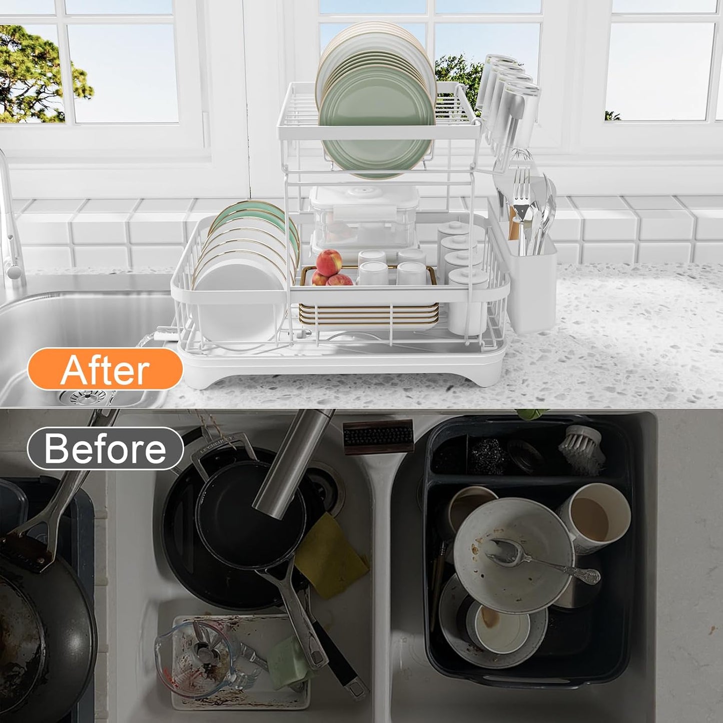 Dish Drying Rack - Auto Draining Dish Rack for Kitchen Counter, Large Capacity Dish Drainers Organizer with Drainboard, 2-Tier Drying Rack with Utensil Holder White