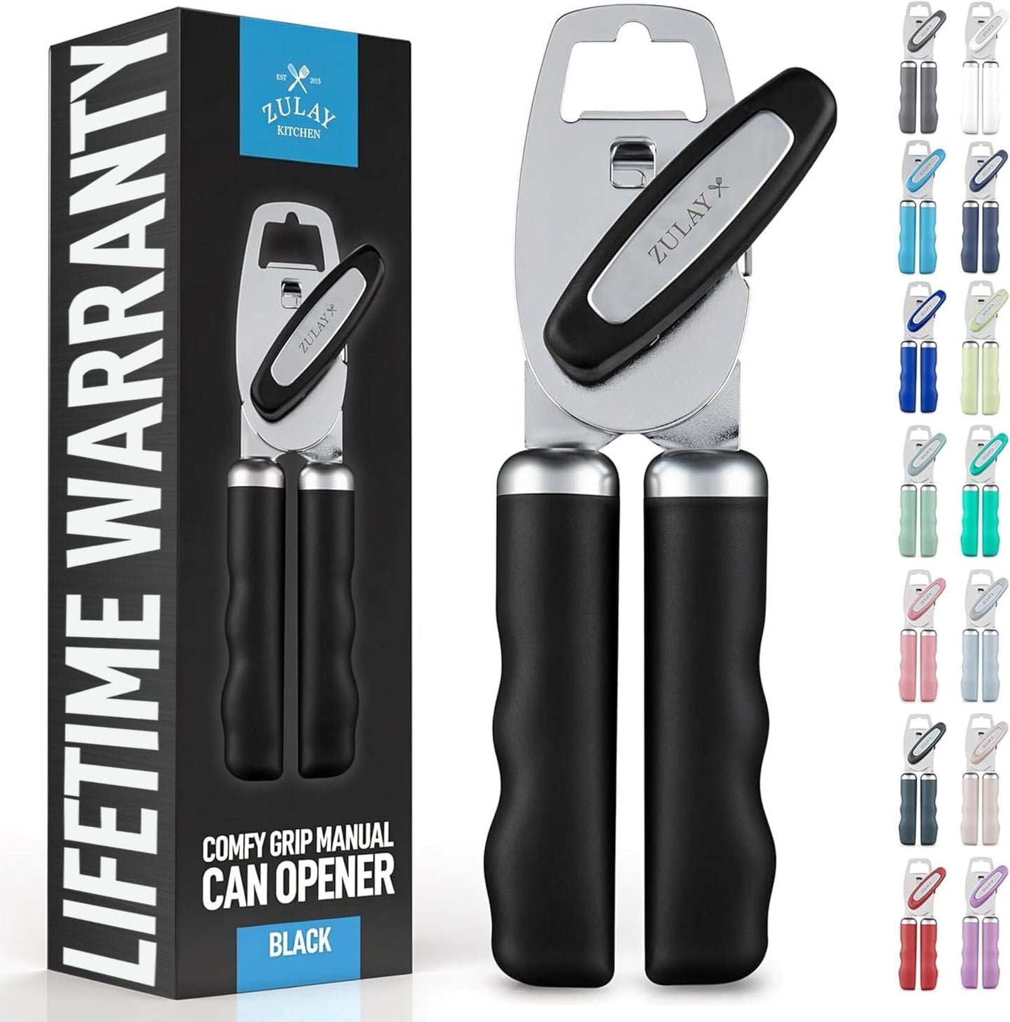 Zulay Kitchen Heavy Duty Stainless Steel Can Opener Manual with Bottle Opener - Rust Proof Manual Can Opener With Turn Knob & Comfy Soft Grip Handles - Black