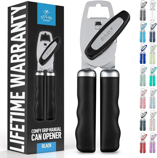 Zulay Kitchen Heavy Duty Stainless Steel Can Opener Manual with Bottle Opener - Rust Proof Manual Can Opener With Turn Knob & Comfy Soft Grip Handles - Black