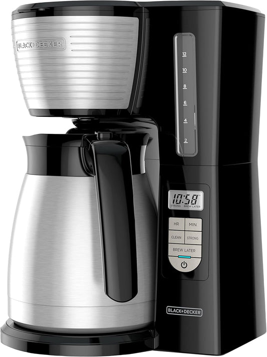 BLACK+DECKER 12-Cup Thermal Programmable Coffee maker, Brew Strength Selector, Auto-clean, Black and Silver