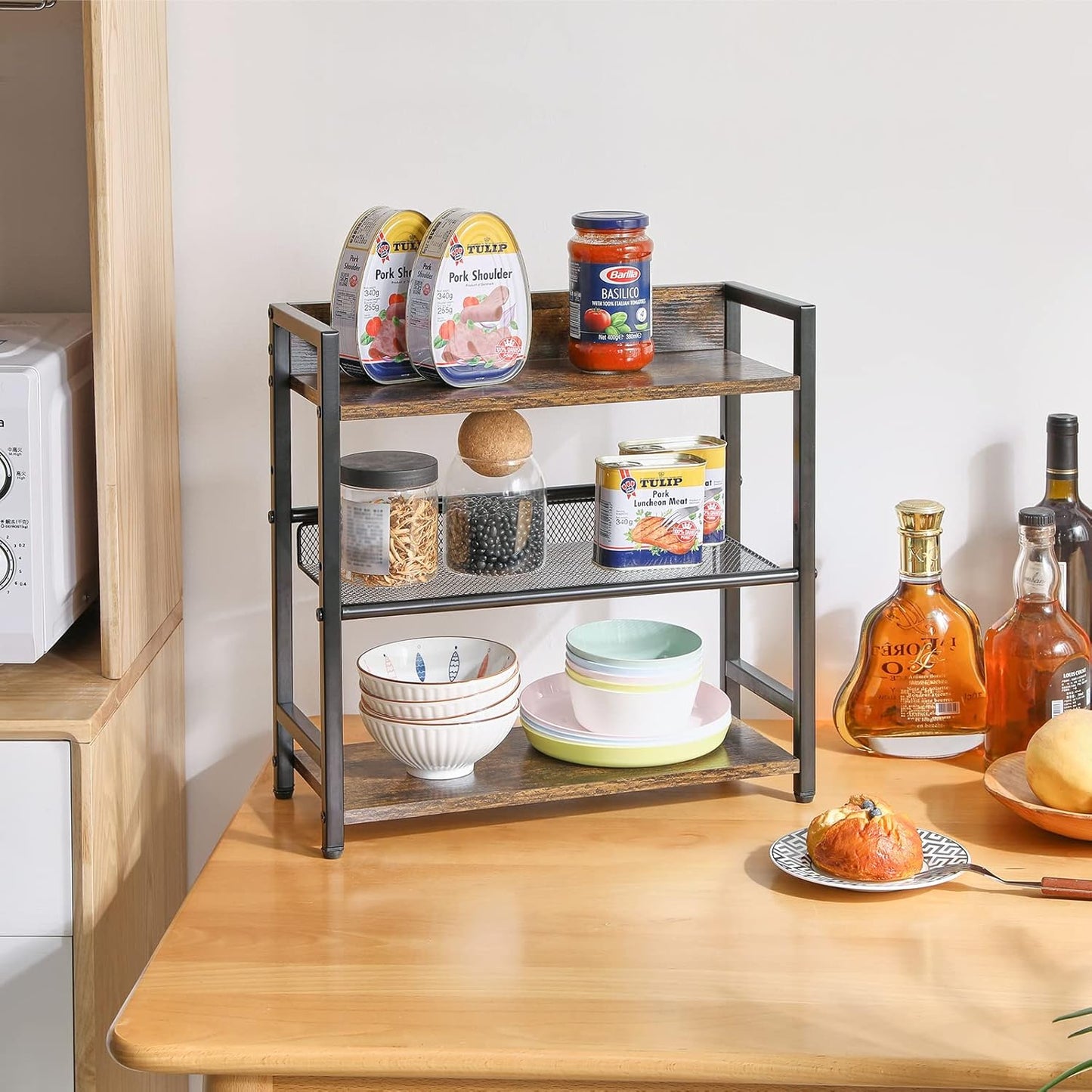 IBUYKE 3-Tier Spice Rack Industrial Counter Shelf Desktop Storage Organizer Standing Seasoning Rack for Countertop Kitchen Office Living Room Desktop Rustic Brown UTLJ021H
