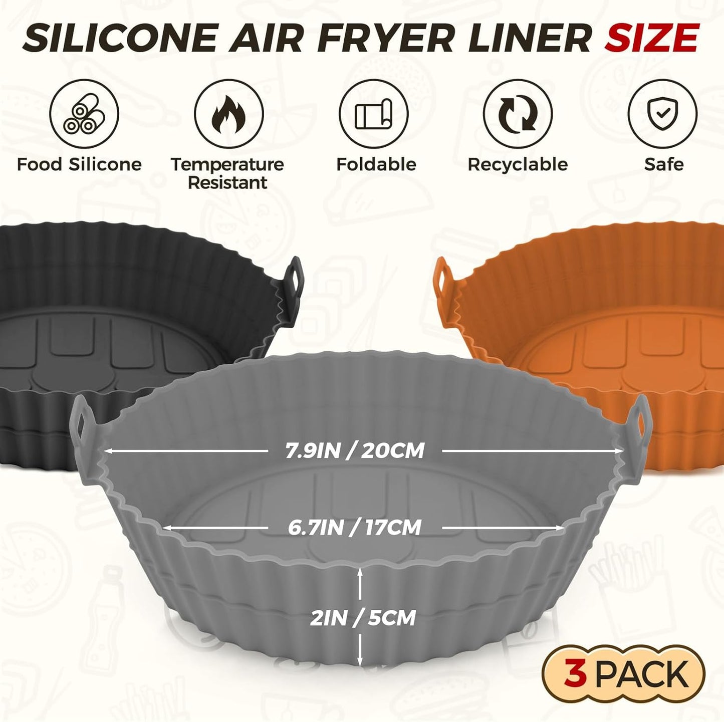 Beauty 3 Pack Air Fryer Liners - 8 Inch Silicone Pot, Reusable Food Grade, Baking Basket Accessories, Replacement for Flammable Disposable Parchment Paper