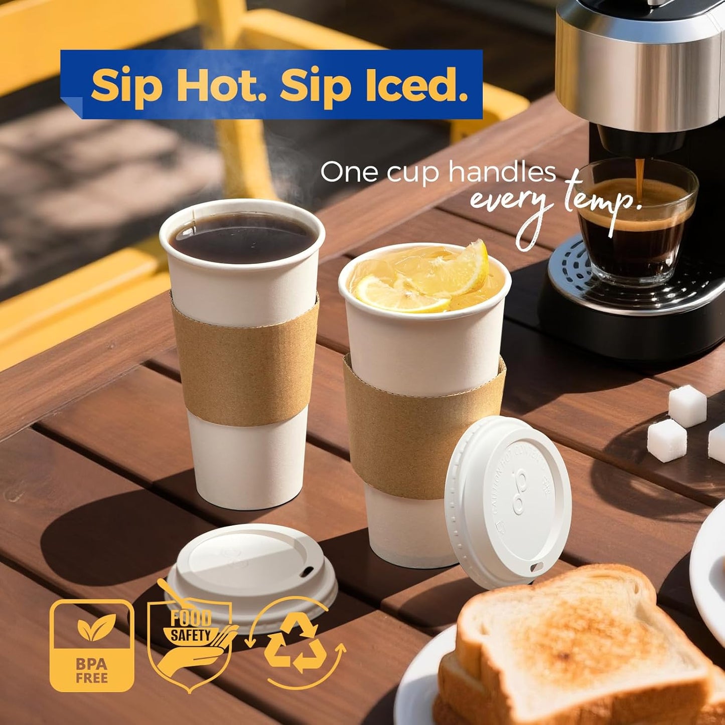 Fit Meal Prep 50 Pack 20 oz Disposable Coffee Cups with Lids, Sleeves, Leak-Proof To Go Coffee Cups with Lids, Durable Hot Paper Cups for Home, Office, Party, Business