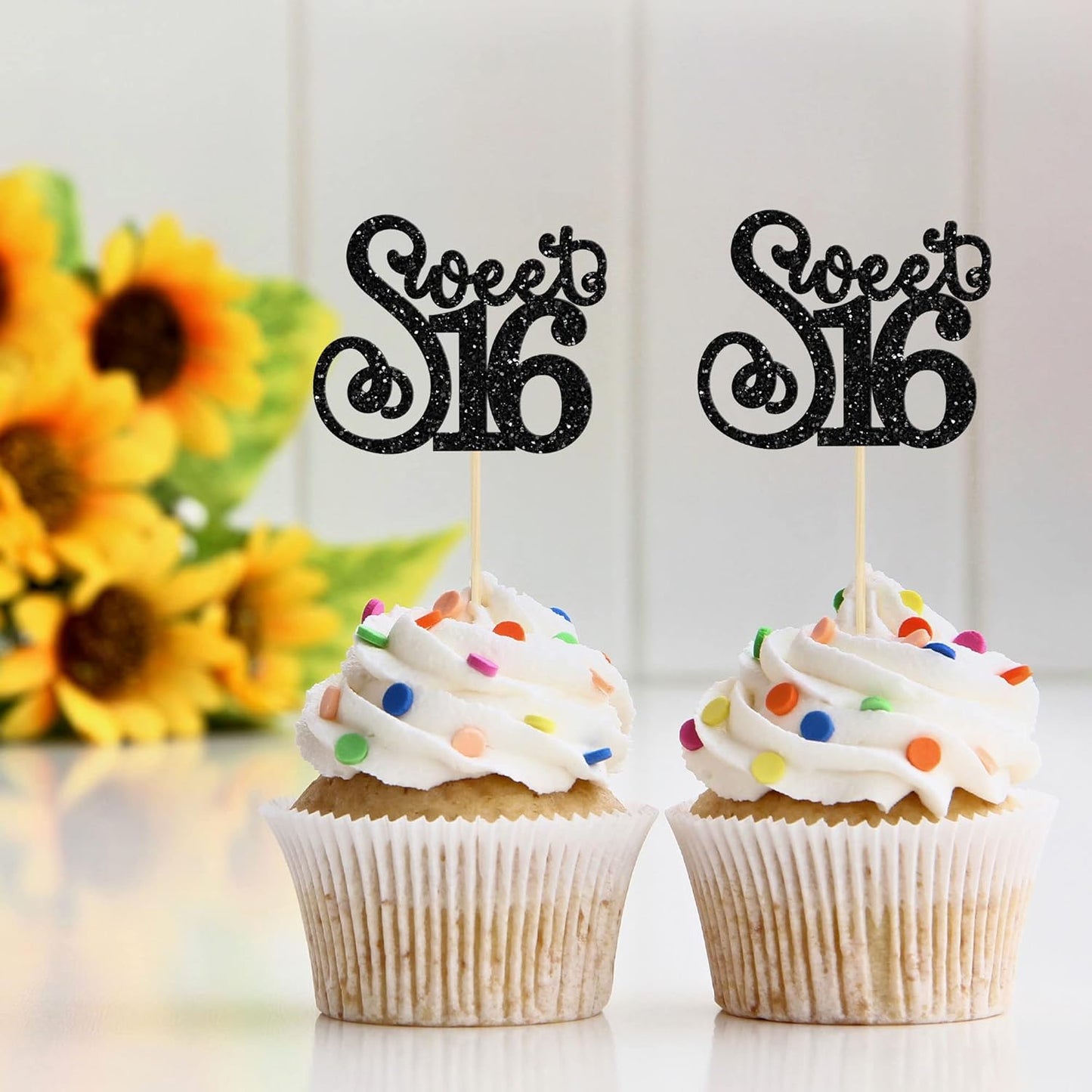 Gyufise 24 Pack 16th Birthday Cupcake Toppers Glitter Sixteen Happy Sweet 16 Cupcake Picks Cheers to 16 Years Old Cupcake Decorations for 16th Birthday Anniversary Party Cake Decorations Black