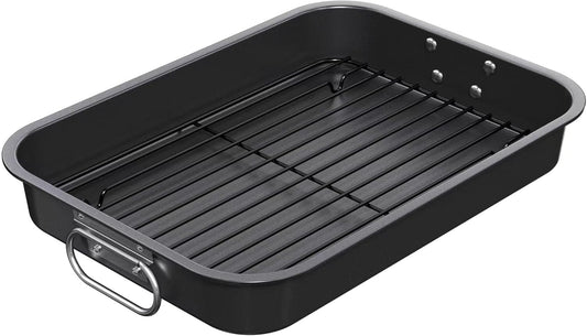 CHEFMADE Roasting Pan, 15-Inch Non-Stick Metal Turkey Pan with Rack, Banking Pan for Lasagna Vegetable and Meat, Chicken Roasting Pan 15.35" x 11.14" x 2.24"
