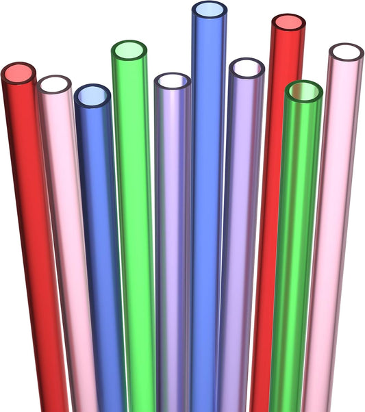 10 Short Reusable Hard Plastic Drinking Straws, Medium Width + Sturdy Cleaning Brush - for Cocktails, Small Cups, Kids Drinks - Dishwasher Safe BPA Free