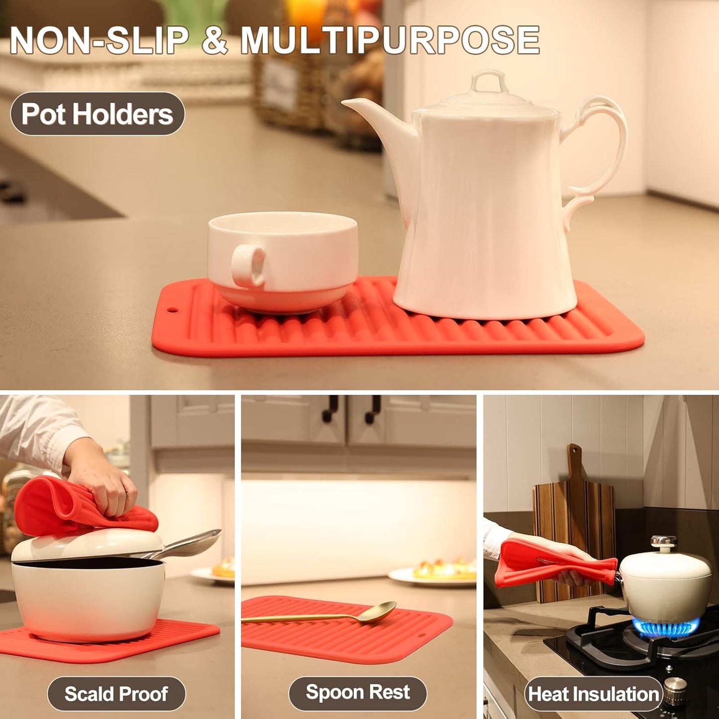 Joyhalo Silicone Trivets - Hot Pads for Kitchen, Protect Table & Quartz Countertops, Heat Resistance to 480F, Set of 2, Red