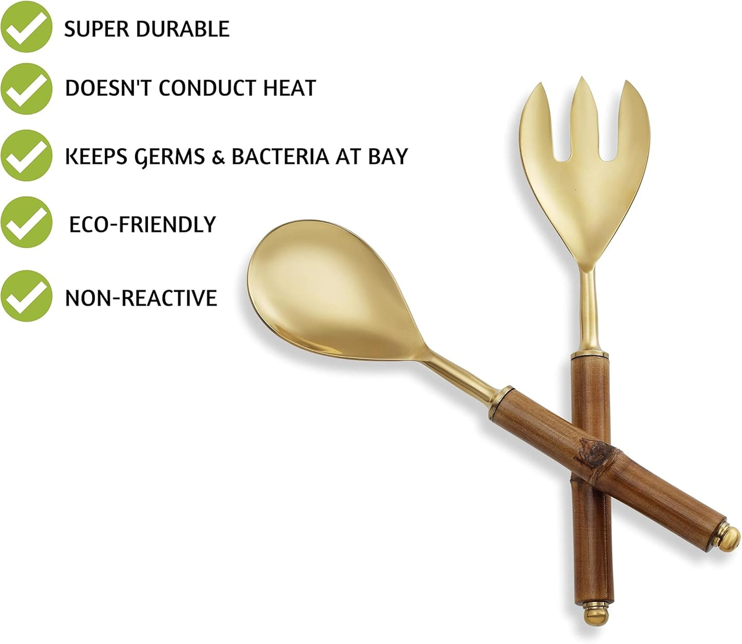 Folkulture Serving Utensils for Modern Serving and Cooking, Stainless Steel Salad Servers or Salad Tongs, 12 Inch Salad Tosser, Serving Spoon and Fork Set with Bamboo Handle, Gold