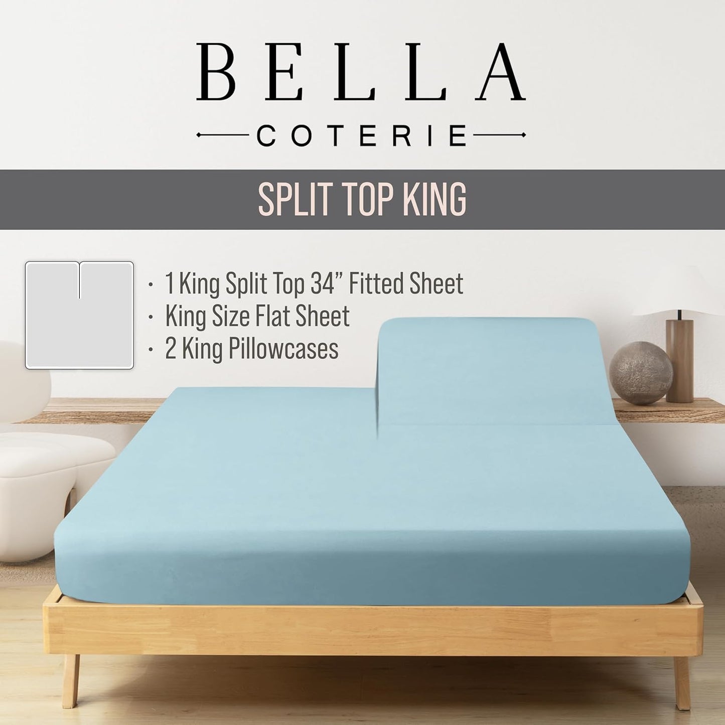 Bella Coterie Luxury Bamboo Viscose Split Top King Size Sheet Set | 100% Organically Grown | Ultra Soft | 34" Split | Cooling for Hot Sleepers | 18" Deep Pocket [Coastal Blue]