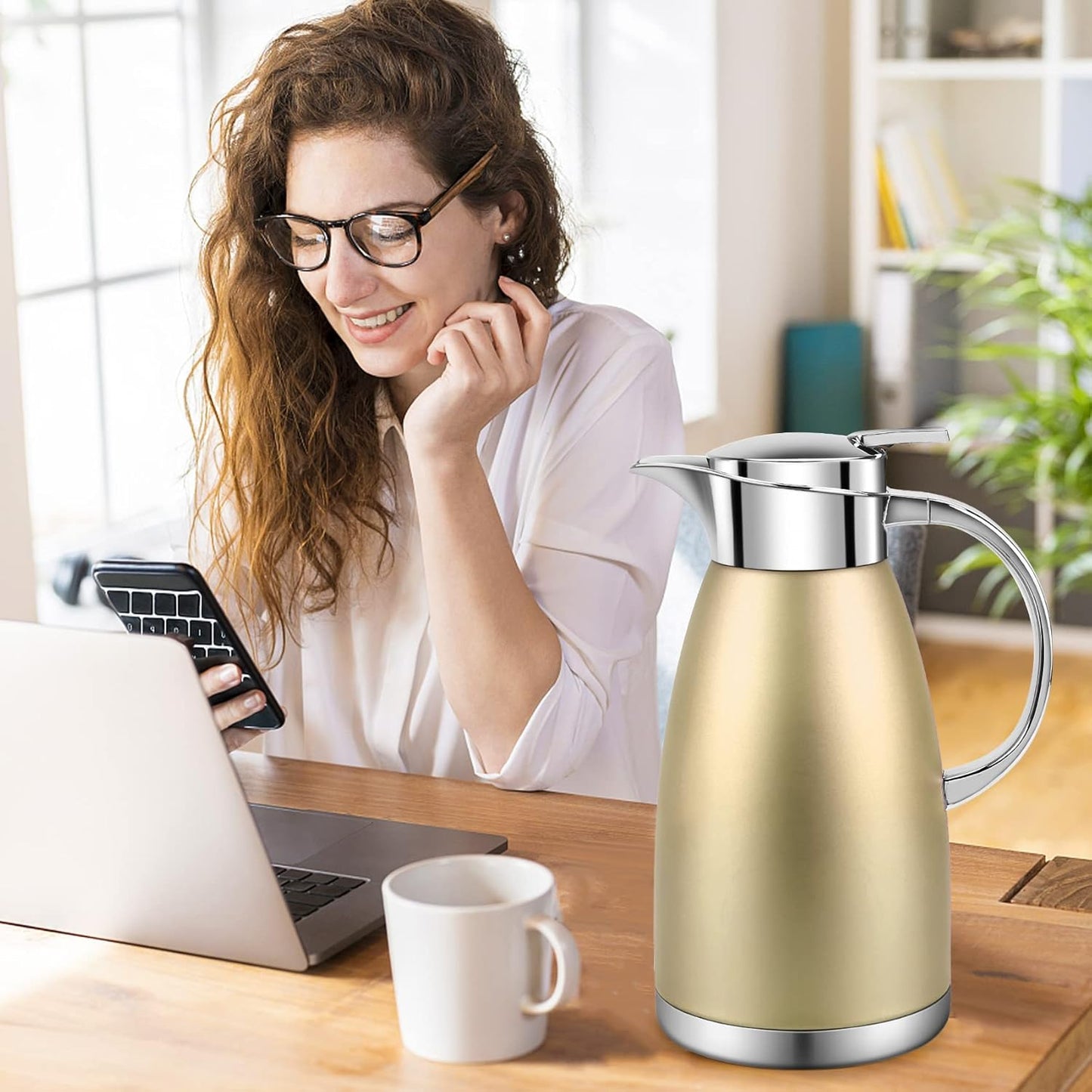 61oz Coffee Carafe Airpot Insulated Coffee Urn Stainless Steel Vacuum Thermal Pot Flask Dispenser for Coffee, Hot Water, Tea, Hot Beverage - Keep 12 Hours Hot, 24 Hours Cold (Gold)