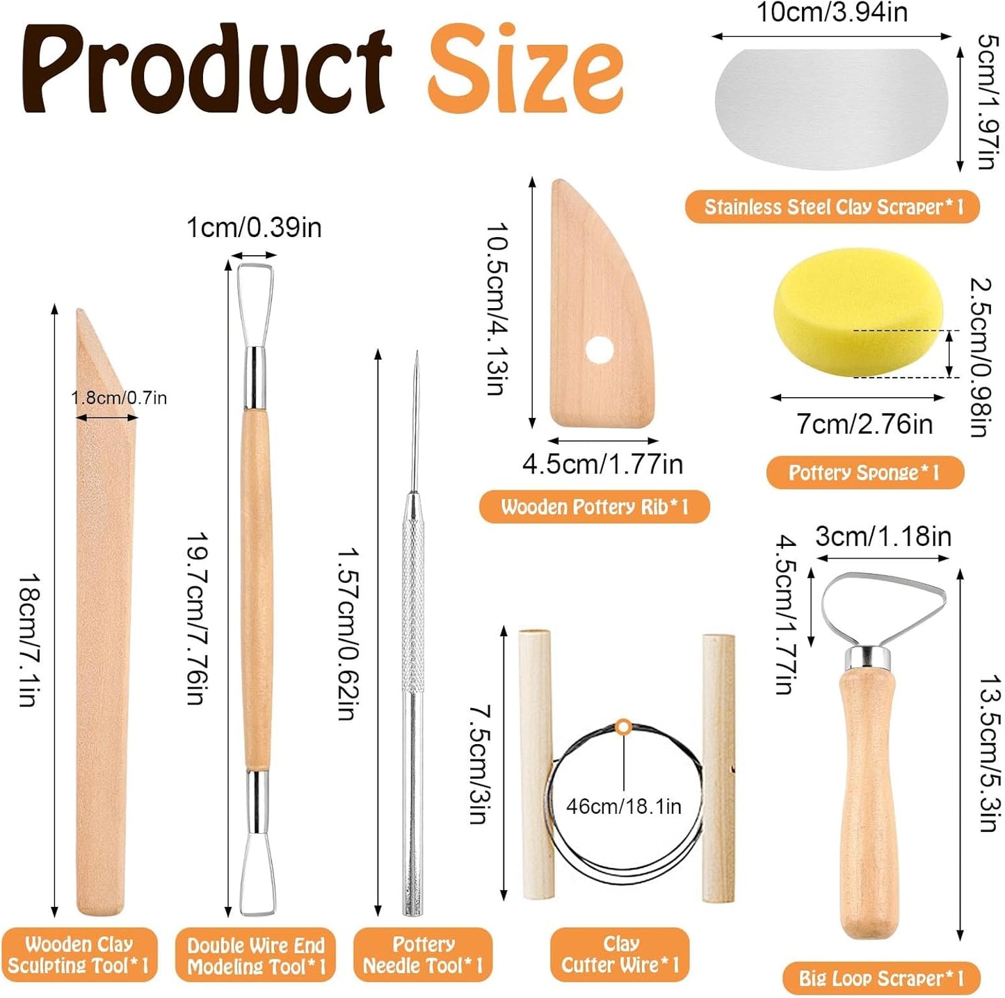 Akamino 20 Pcs Pottery Tools Include 1 Wood Rolling Pin,1 Portable Pottery Linen Tablecloth, 10 Pcs 5 Size Teaching Rolling Mud Stick Guide, 8 Clay Sculpting Tools for Manual Self Ceramic Clay Making