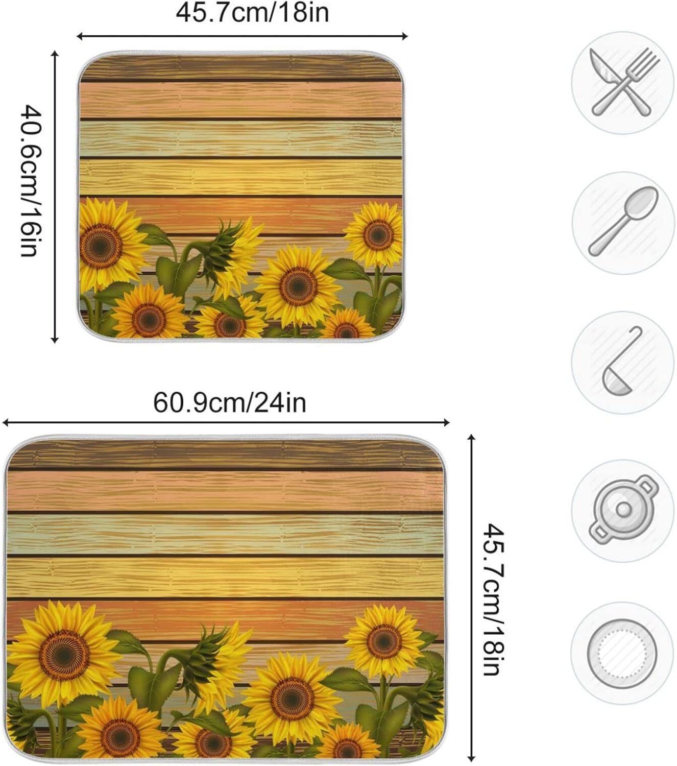 Super Absorbent Dish Drying Mat, Microfiber Fast-Drying Dish Mat, 16" x 18", Kitchen Dish Drying Pad, Sunflower On Wooden Board Vintage