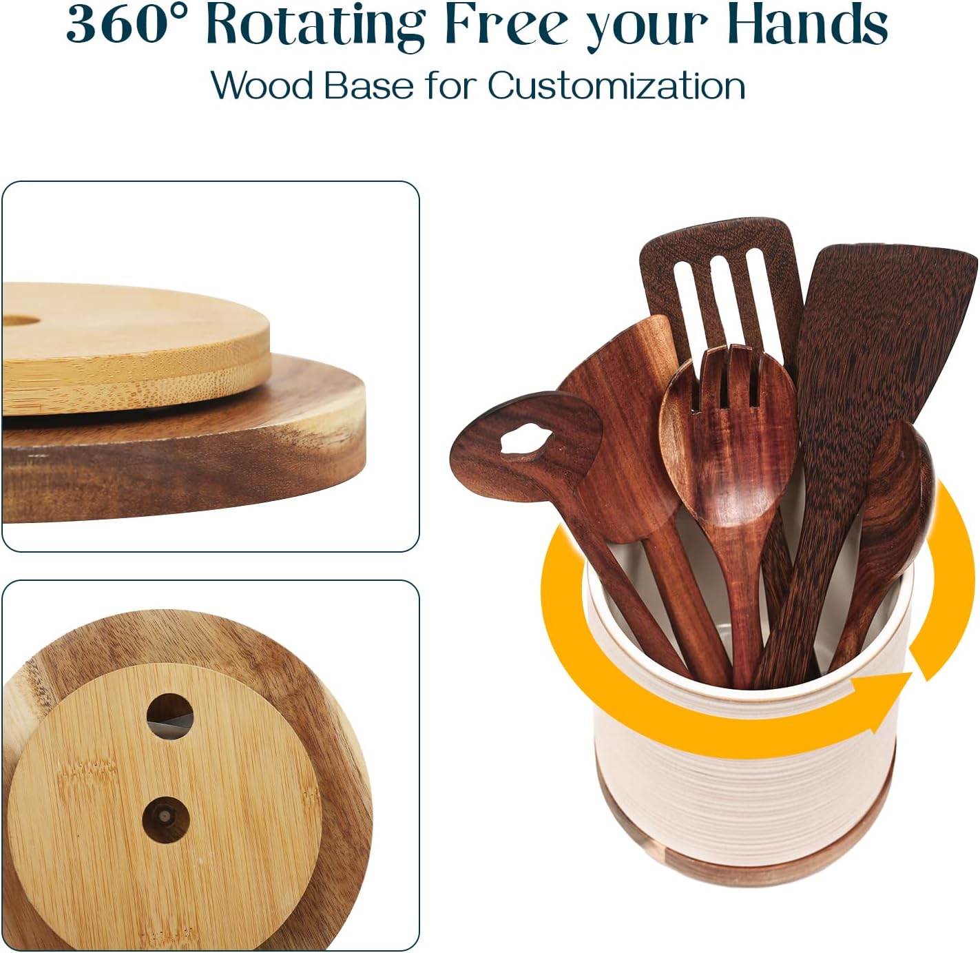 DOWAN 360° Rotating Extra Large Cooking Utensil Holder, 7.6" Kitchen Utensil Holder for Countertop, Utensil Crock for Farmhouse Kitchen Decor, Ceramic Stable Utensil Caddy, White