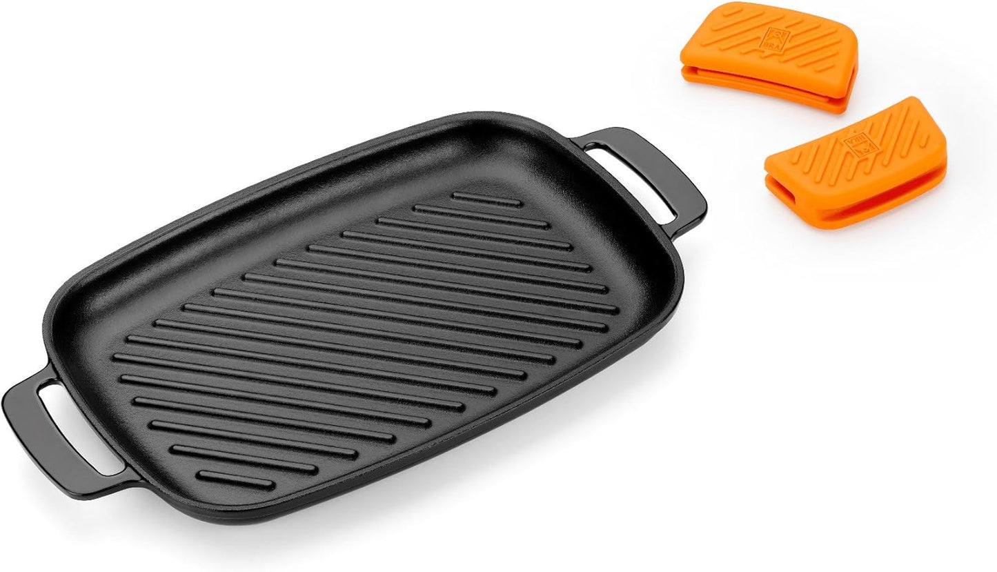 BRA COOKWARE Efficient Iron Rectangular Ribbed Grill | 13 inches x 8.7 inches Cast Iron Rectangular Griddle | All Heat Sources Compatible | PFOA Free | W/o Non-Stick | Silicon Handle | Non Deformable