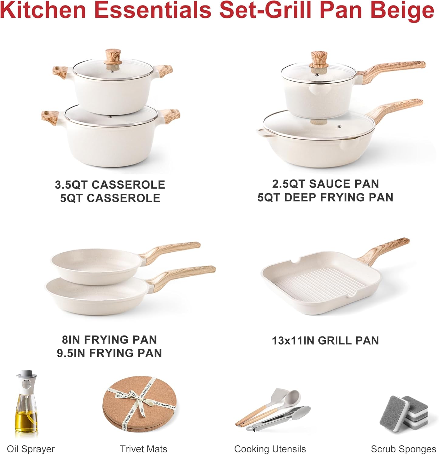 Caannasweis 20Pcs Cookware Sets, Nonstick Pots and Pans Set, Granite Induction Cookware, Non Stick Kitchen Cooking Set, Grayish White Grill Pan Set, PFOS PFOA Free