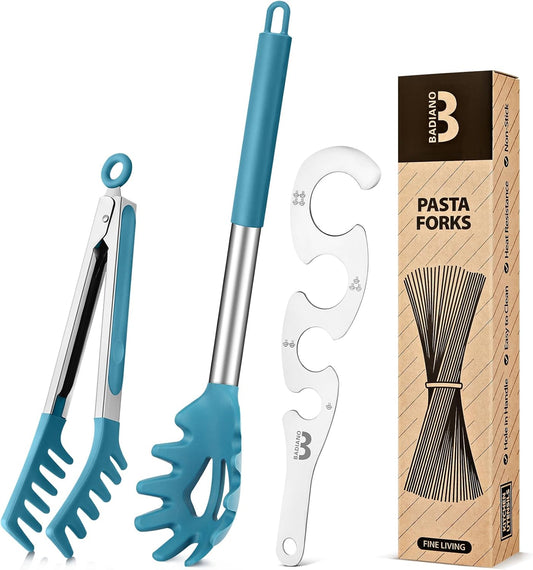 Silicone Spaghetti Spoon & Pasta Tong With Pasta Measurer, 3 Pack of Non-Stick Stainless Steel Handle Pasta Fork Set with Teeth, Food Clip for Easy Serving of Noodles (BLUE)