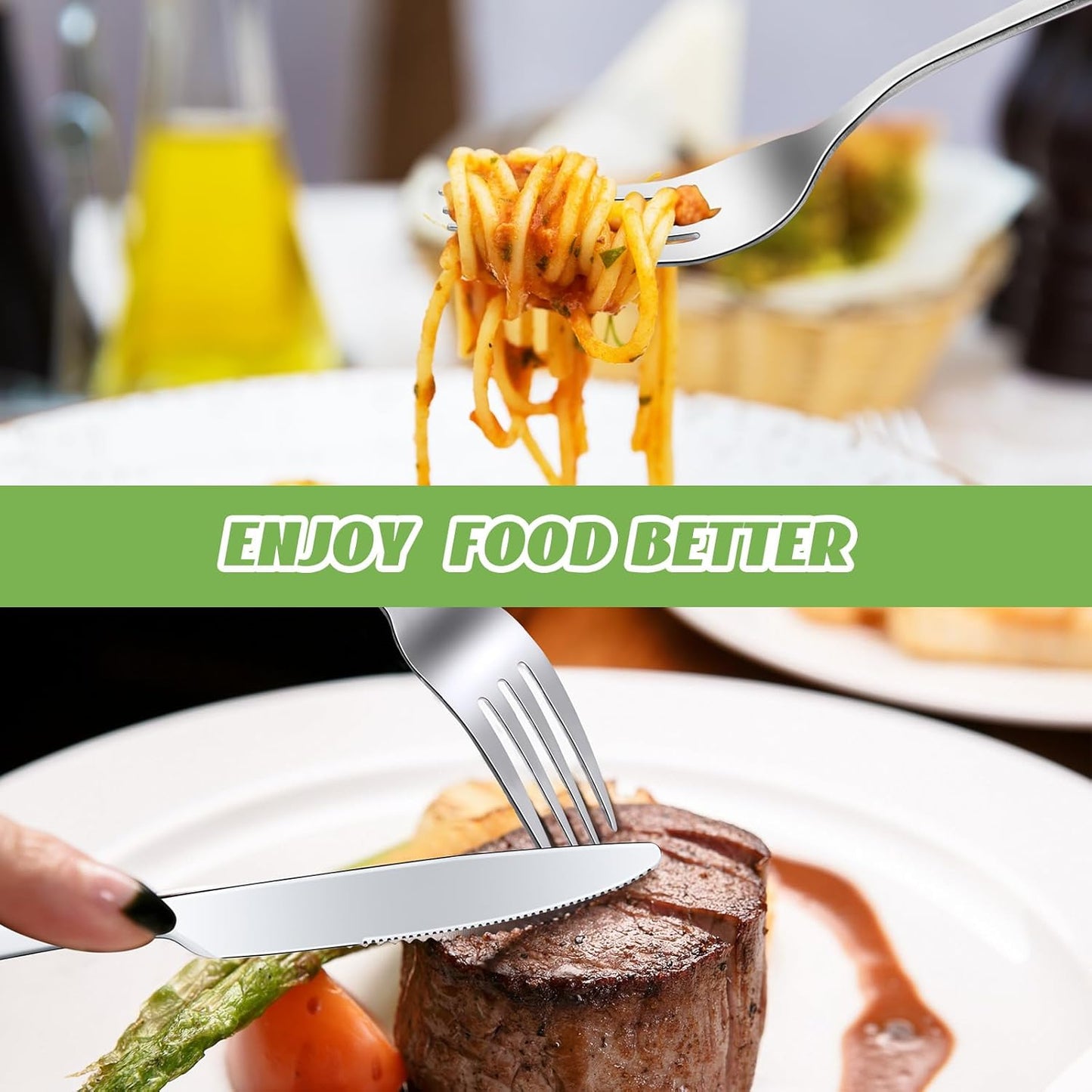 Nuenen 100 Pieces Stainless Steel forks and knives Dinner Flatware Set Tableware Cutlery for Butter Kitchen Restaurant, Dishwasher Safe(Silver,8.4 Inches, 7.1 Inches)