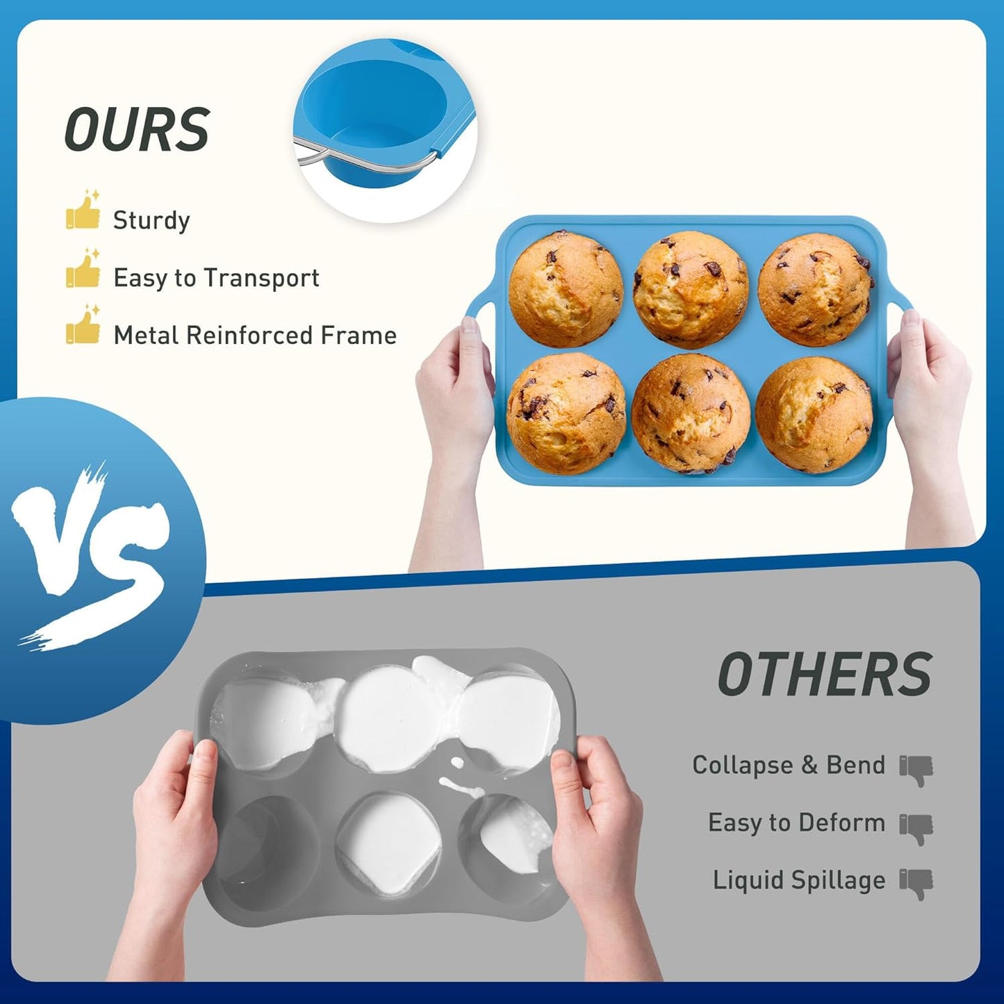 2 Packs 6 Cups Silicone Muffin Pan with Metal Reinforced Frame Jumbo Size Cupcake Pan Tray Egg Bites Silicone Molds Muffin Tin Tart Pans Bundt Pan Reposteria Accesorios Moldes Para Pasteles
